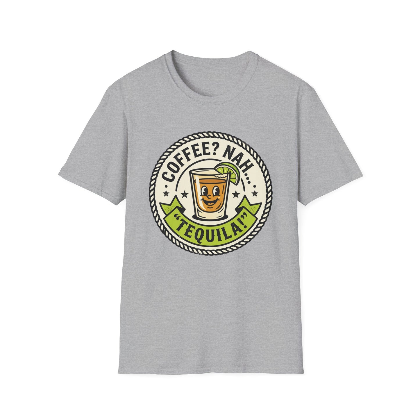 Coffee? Nah, Tequila! T-Shirt – Funny Shot Glass Graphic Tee for Party Lovers