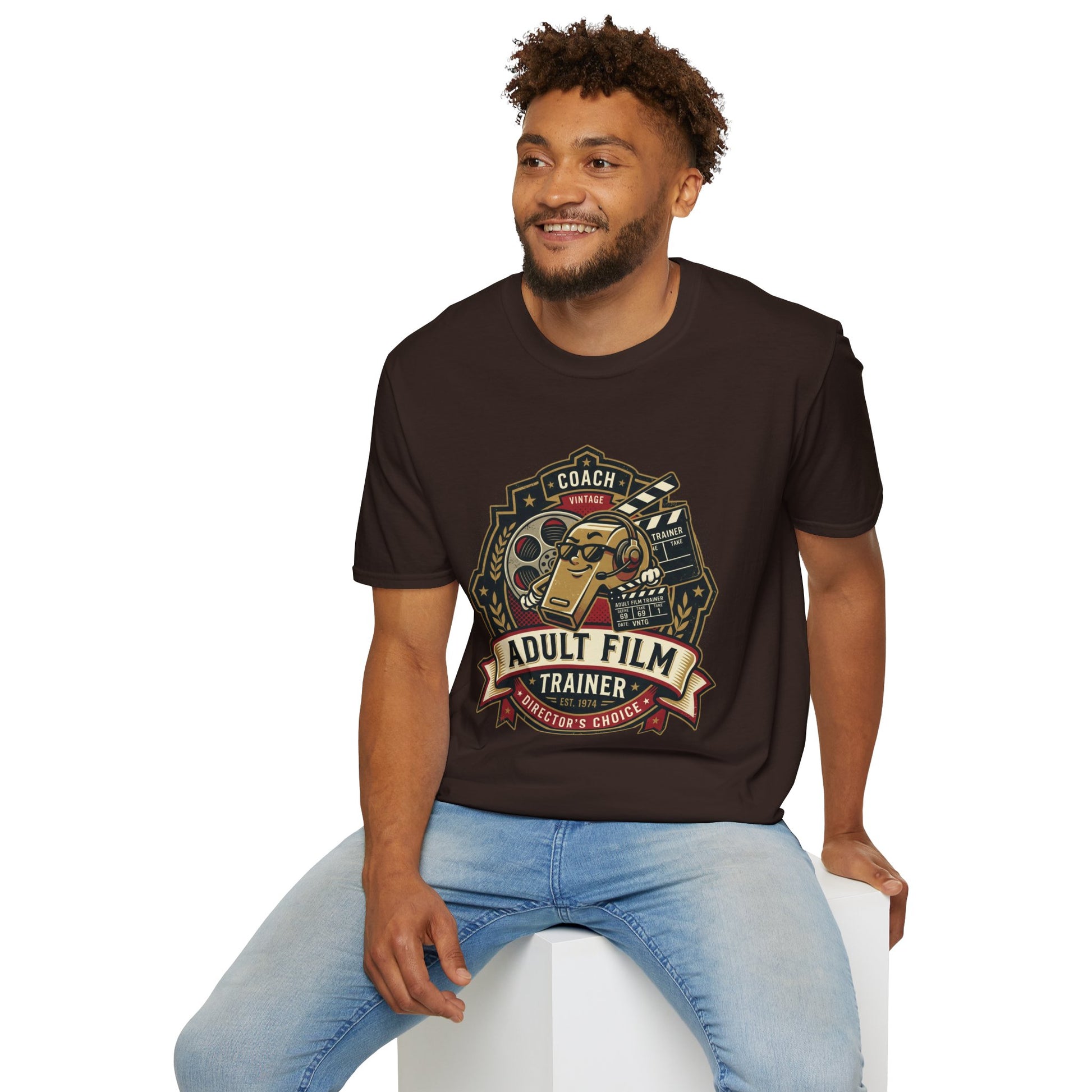 Adult Film Trainer T-Shirt — Vintage Director’s Coach Movie Reel Tee Printify