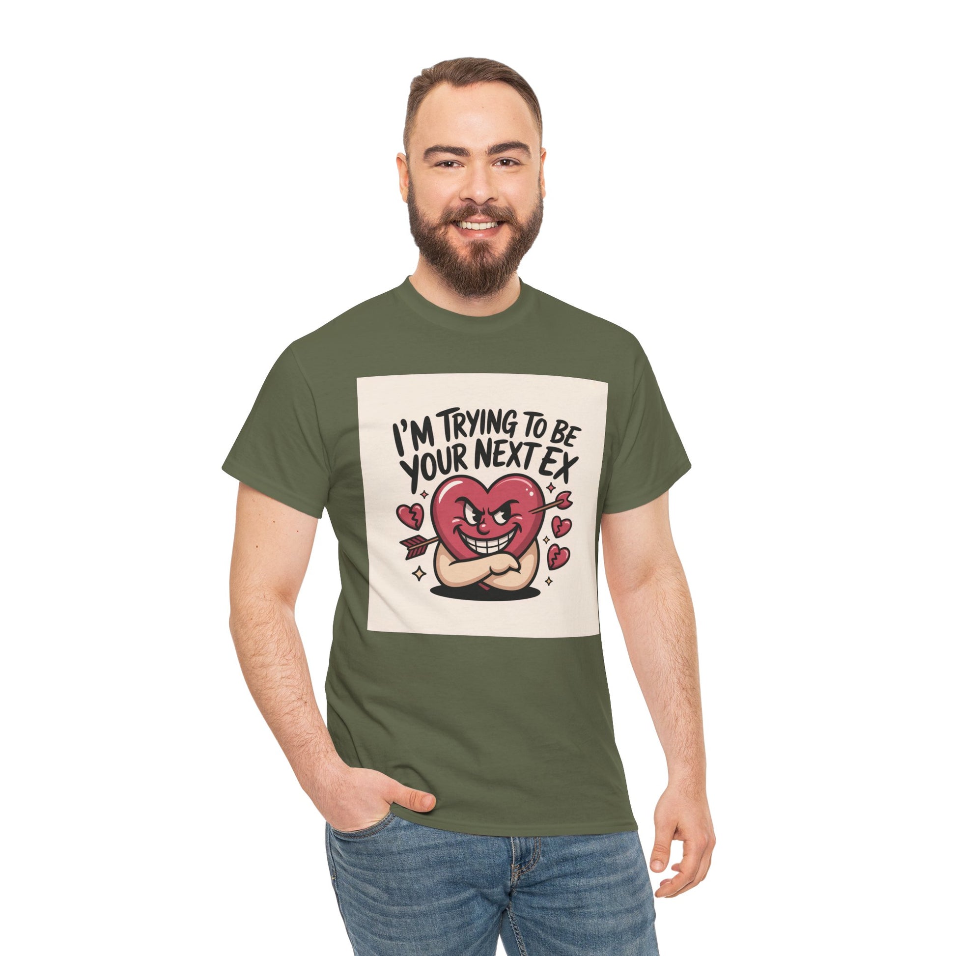 Valentine Heart Character Tee — "I'm Trying To Be Your Next Ex" Graphic T-Shirt Printify