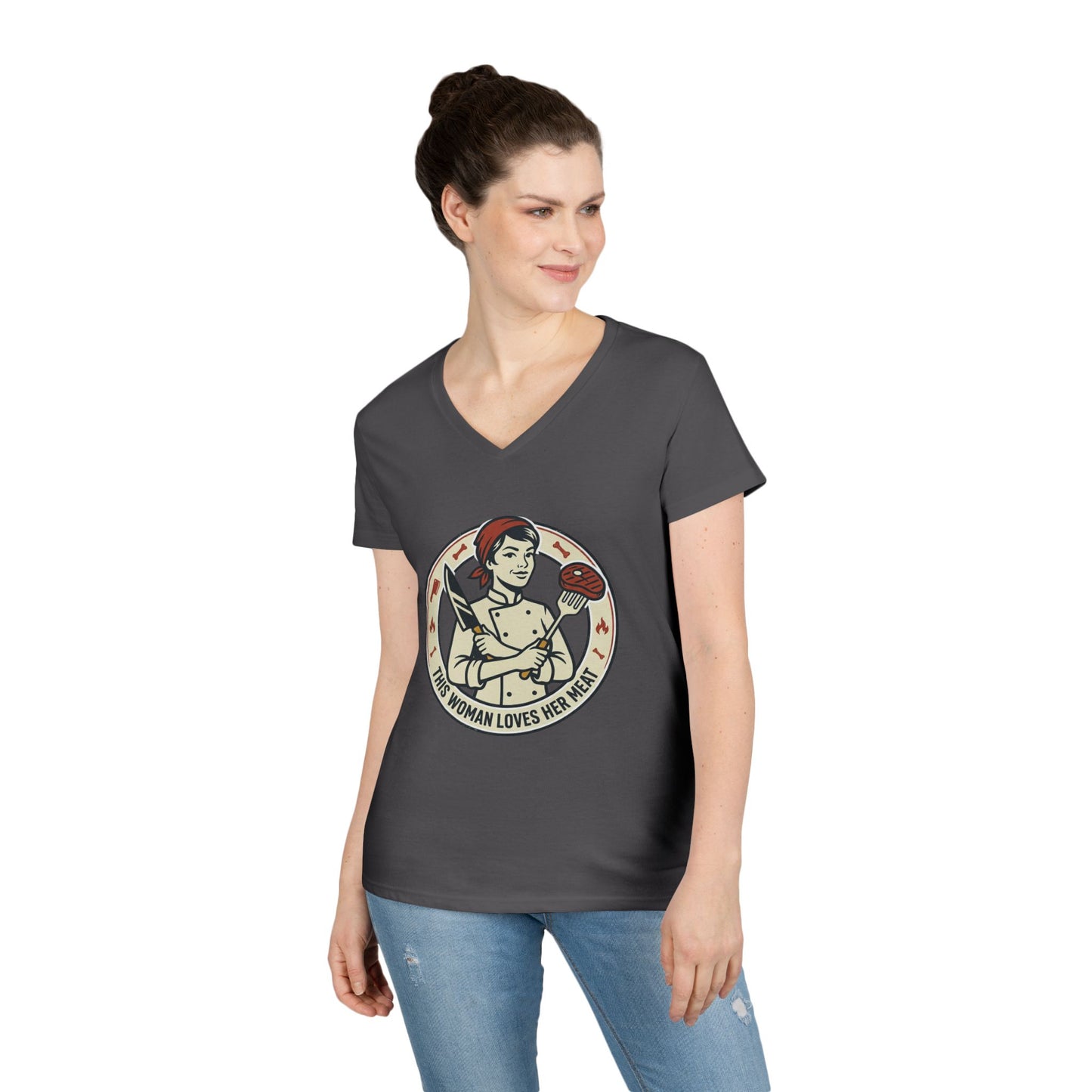 Ladies' V-Neck T-Shirt — "This Woman Loves Her Meat" Chef Graphic Tee