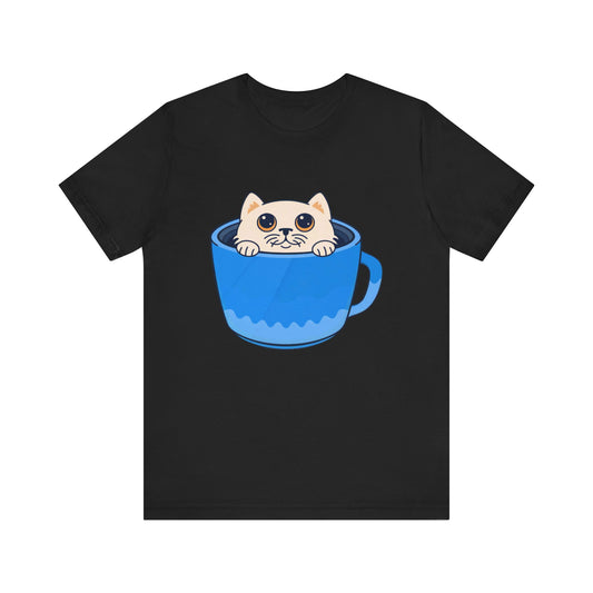 Cat in a Blue Mug T‑Shirt — Cute Kawaii Kitten Tee