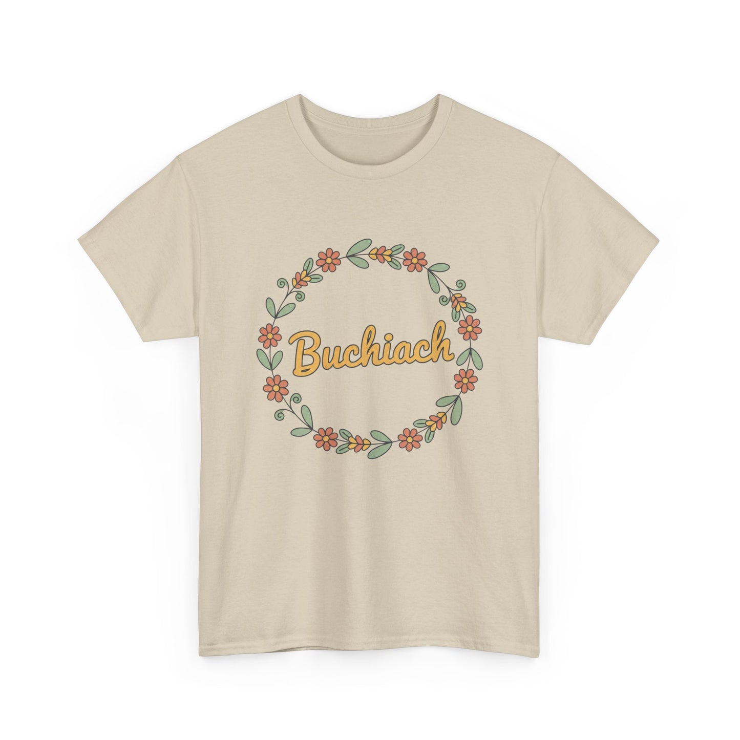 Buchiach Floral Wreath T-Shirt — Retro Script Garden Tee Printify