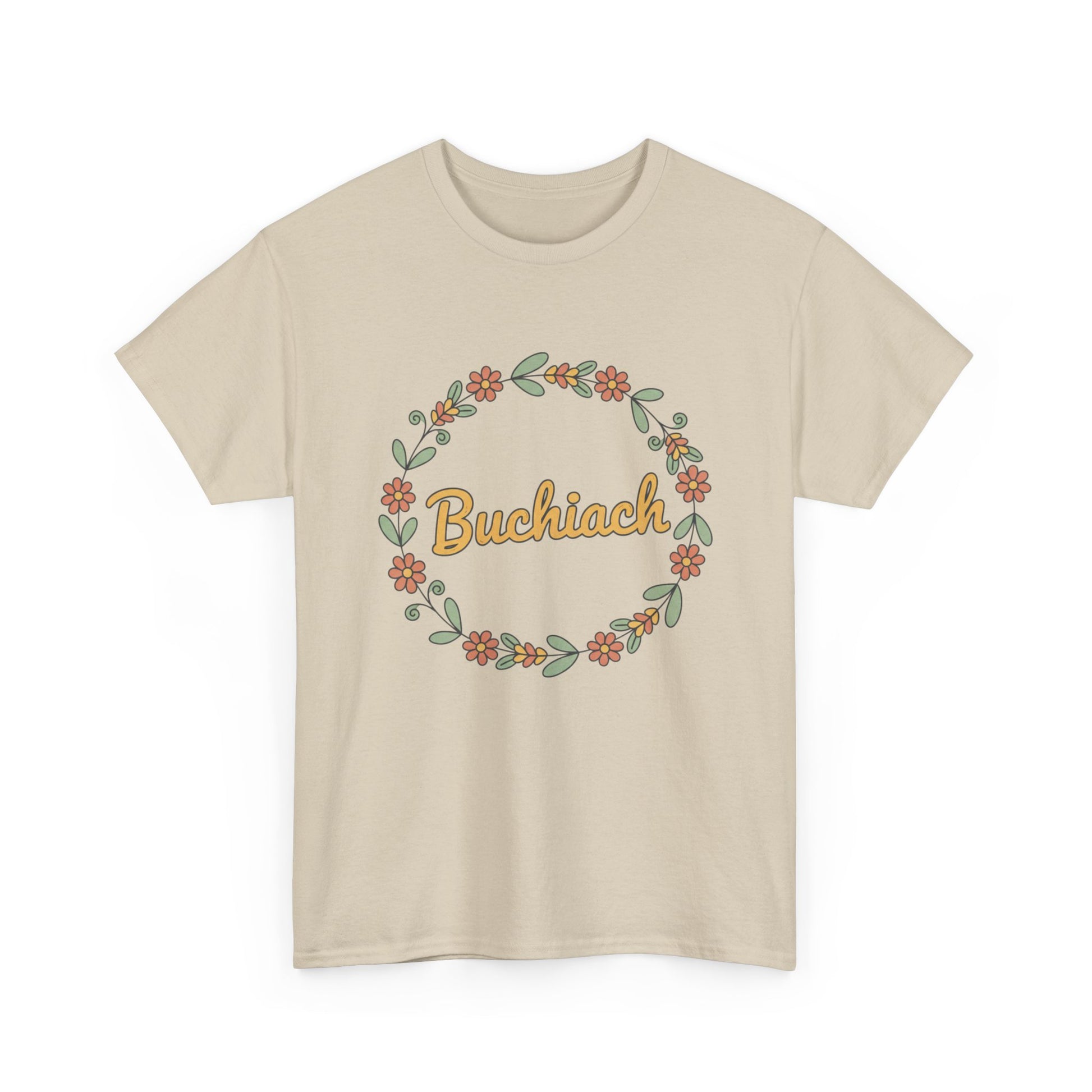 Buchiach Floral Wreath T-Shirt — Retro Script Garden Tee Printify