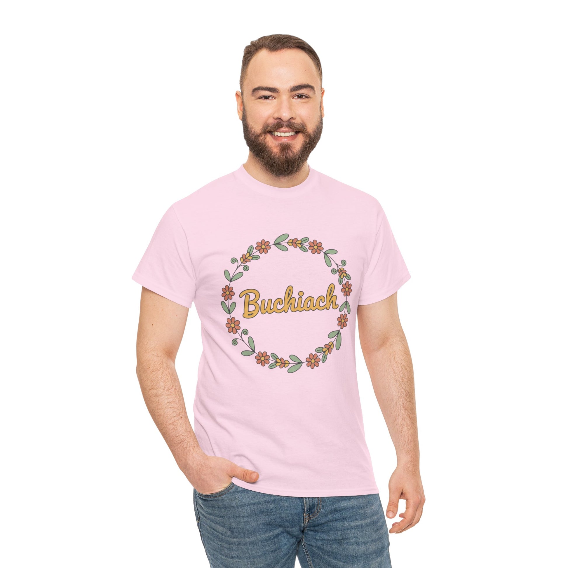Buchiach Floral Wreath T-Shirt — Retro Script Garden Tee Printify