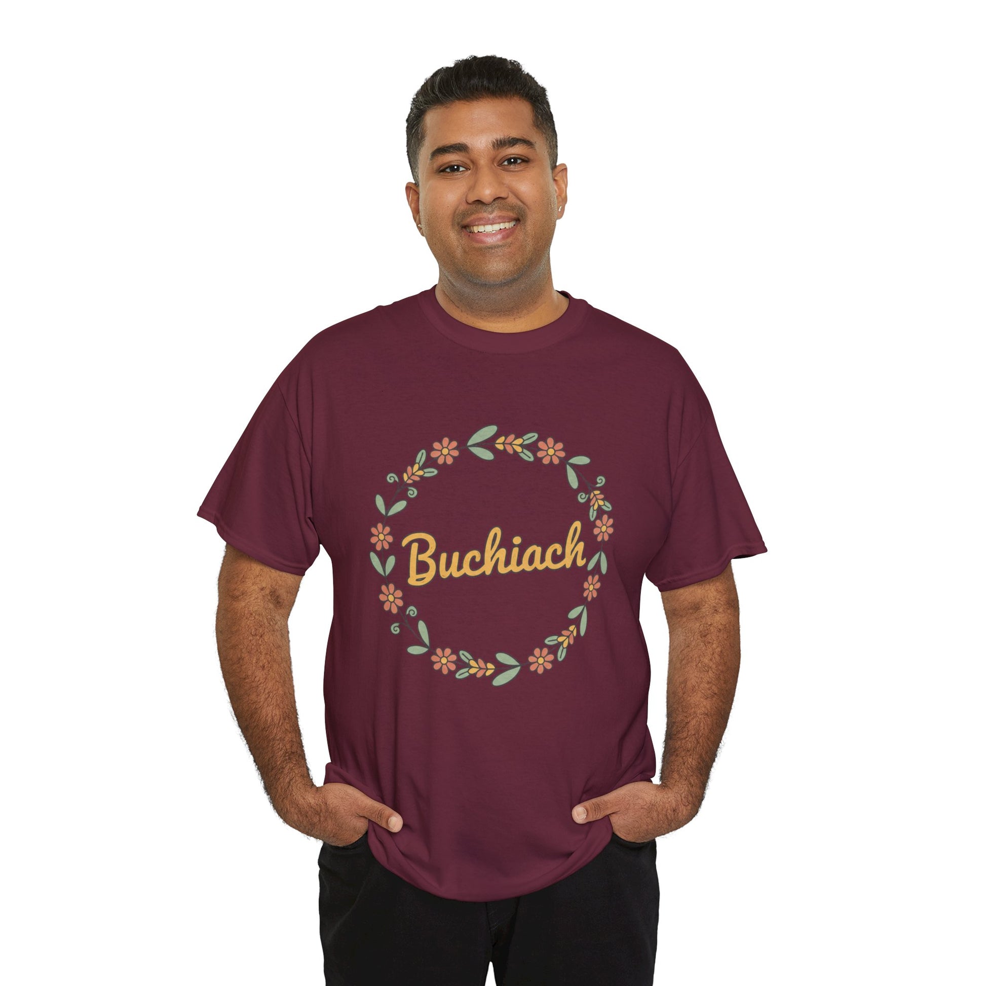 Buchiach Floral Wreath T-Shirt — Retro Script Garden Tee Printify
