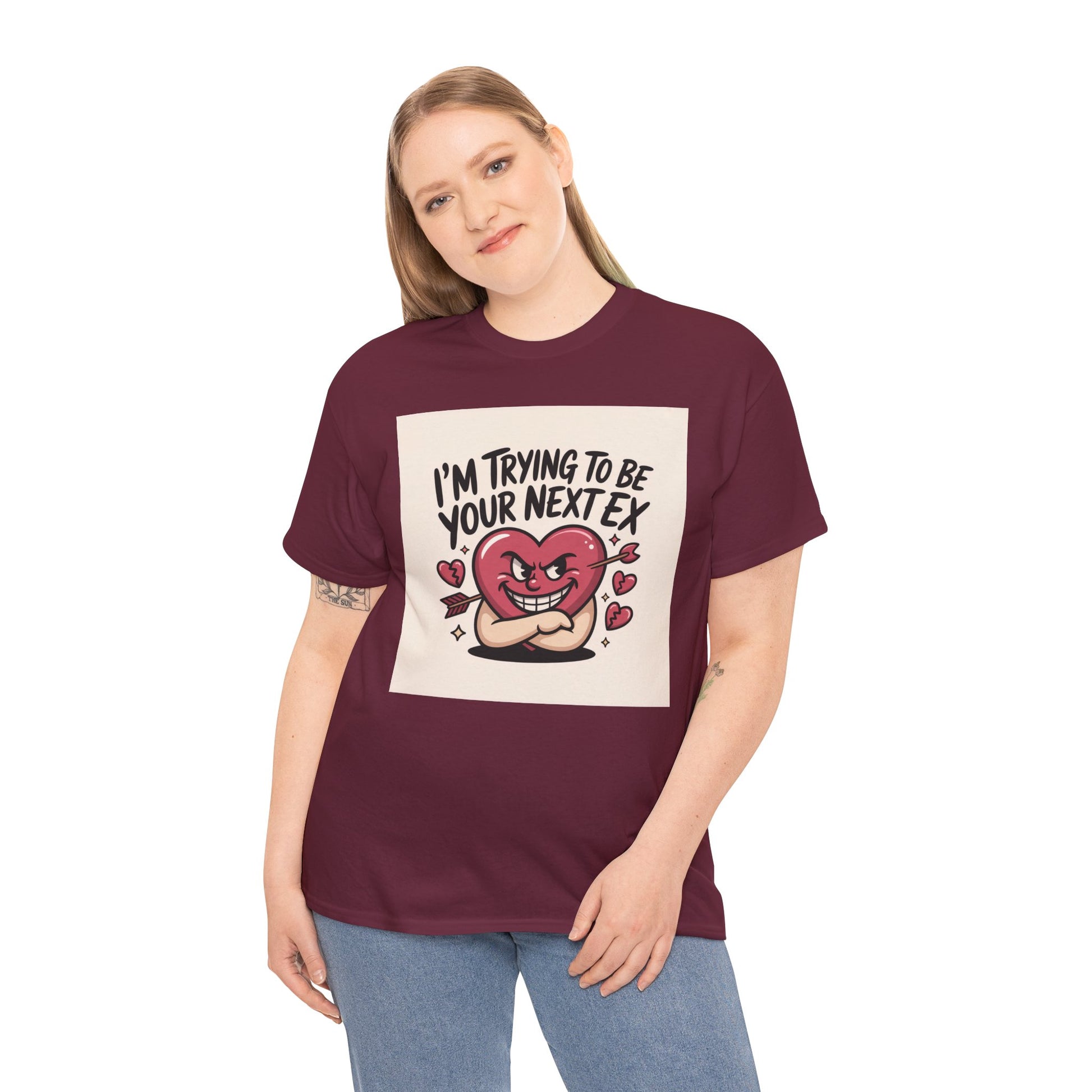 Valentine Heart Character Tee — "I'm Trying To Be Your Next Ex" Graphic T-Shirt Printify