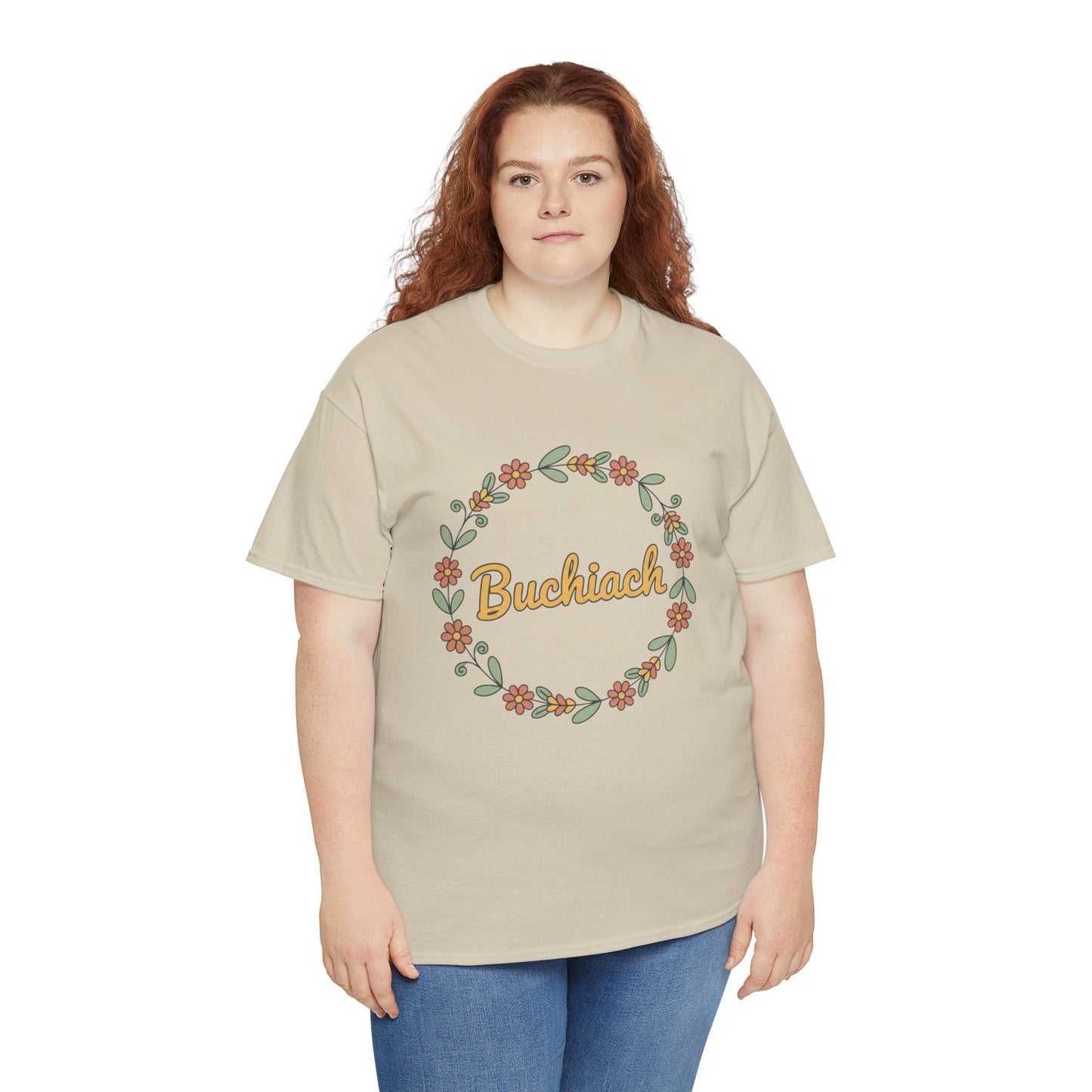 Buchiach Floral Wreath T-Shirt — Retro Script Garden Tee Printify