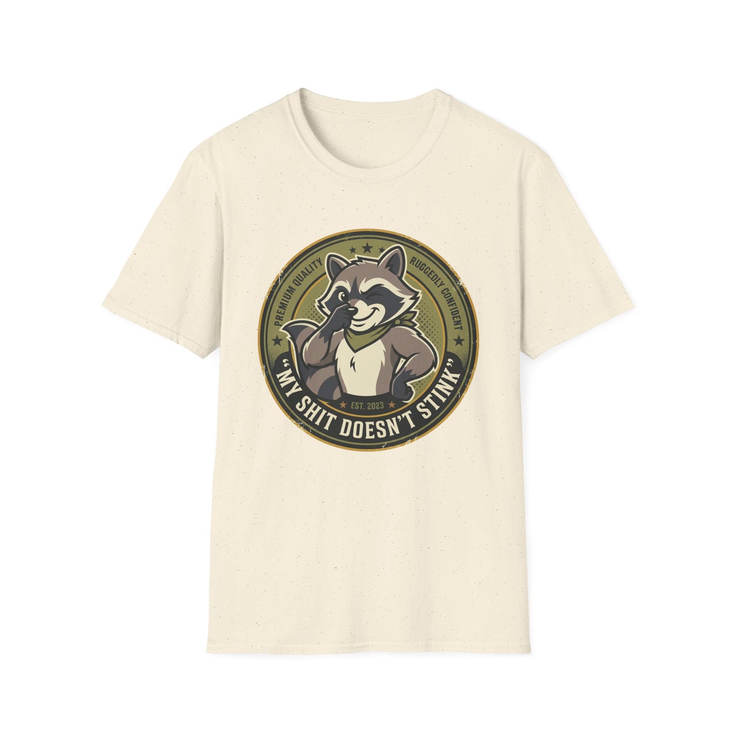 Raccoon Badge T-Shirt — "My Shit Doesn't Stink" Funny Graphic Tee Printify