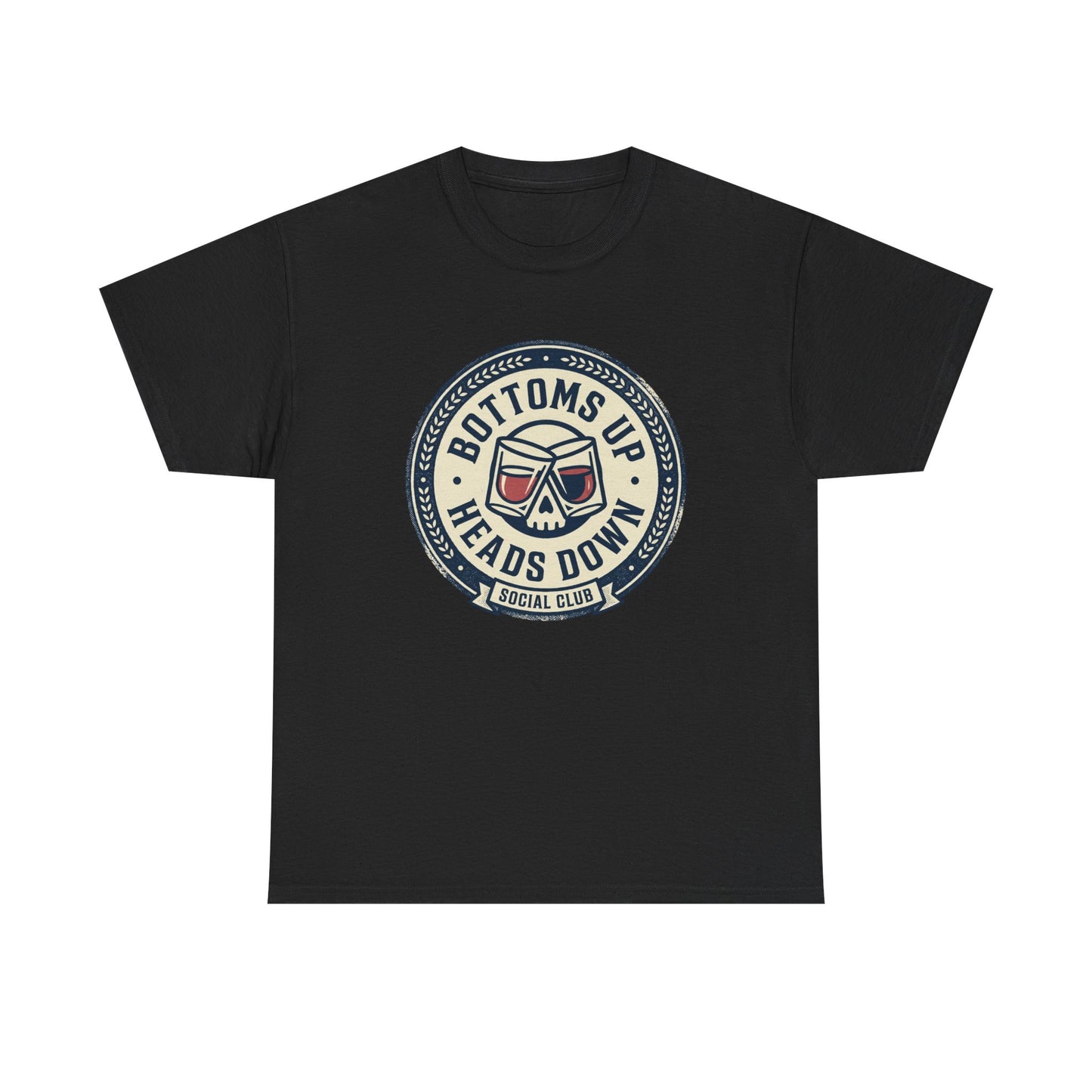 "Bottoms Up Heads Down" Skull Beer Logo Tee