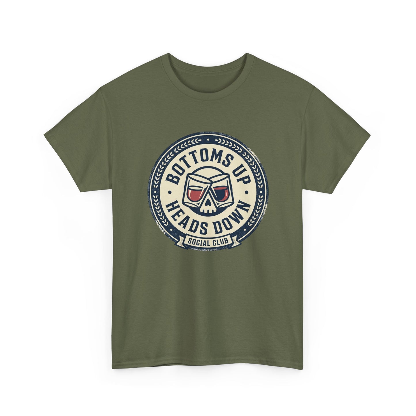"Bottoms Up Heads Down" Skull Beer Logo Tee