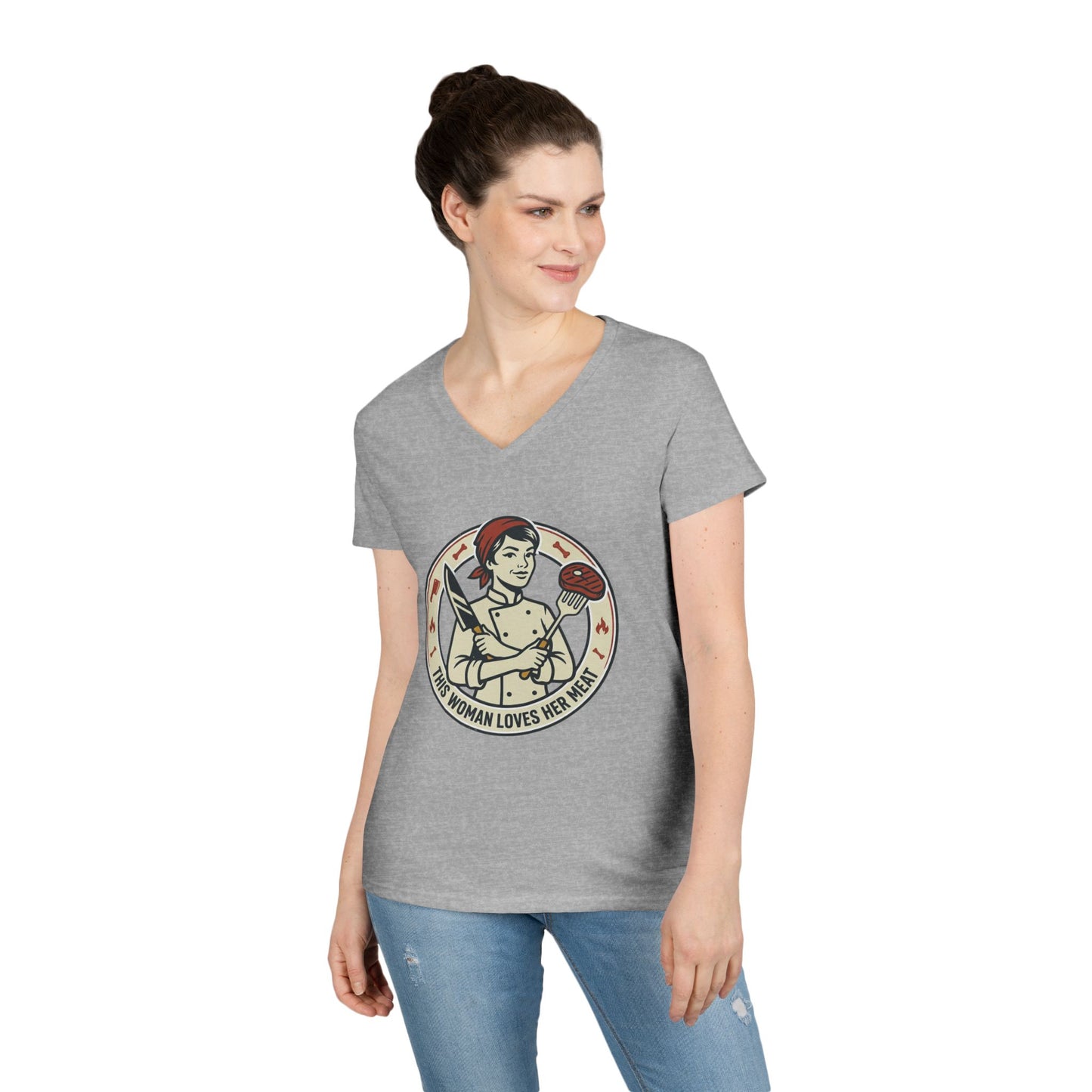 Ladies' V-Neck T-Shirt — "This Woman Loves Her Meat" Chef Graphic Tee