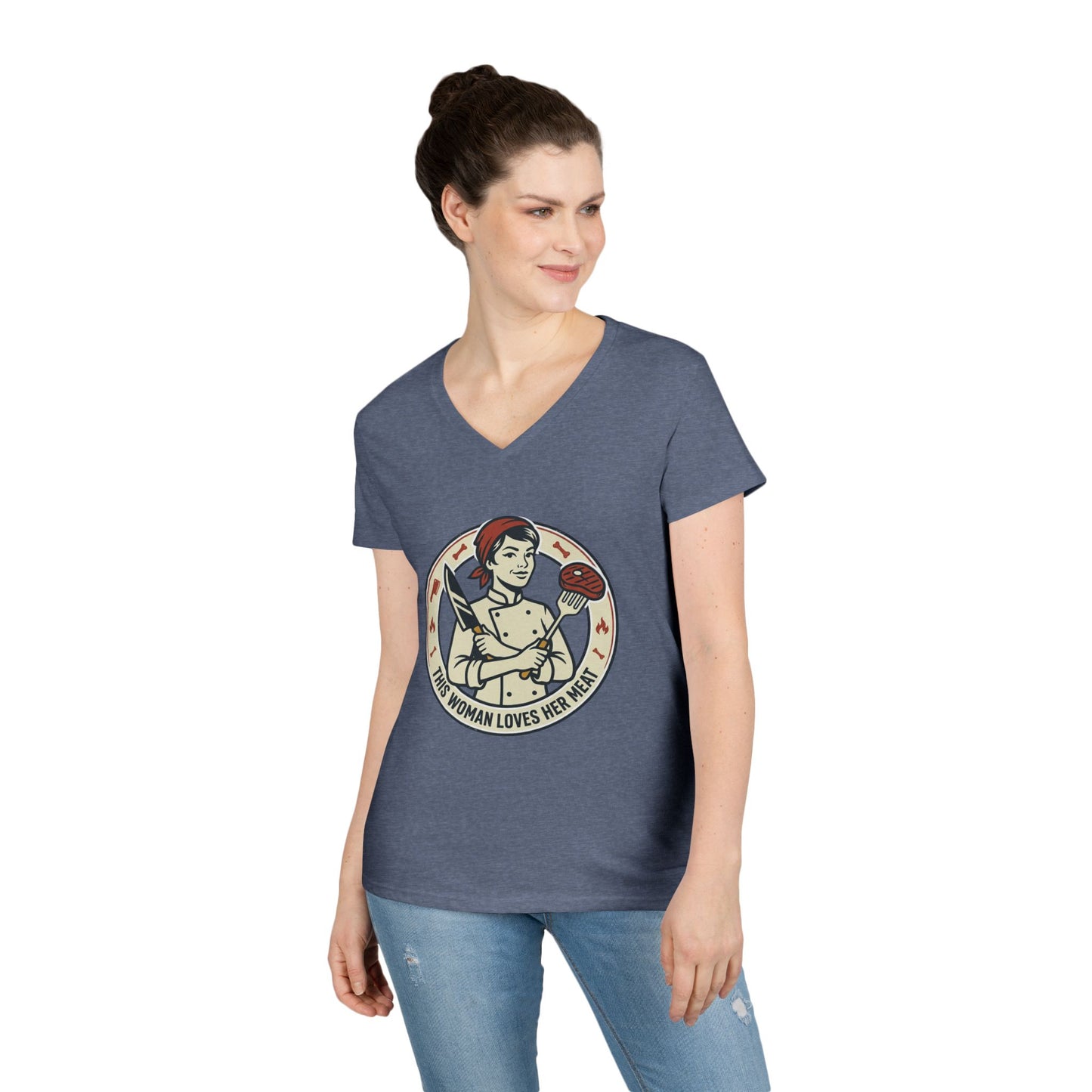 Ladies' V-Neck T-Shirt — "This Woman Loves Her Meat" Chef Graphic Tee