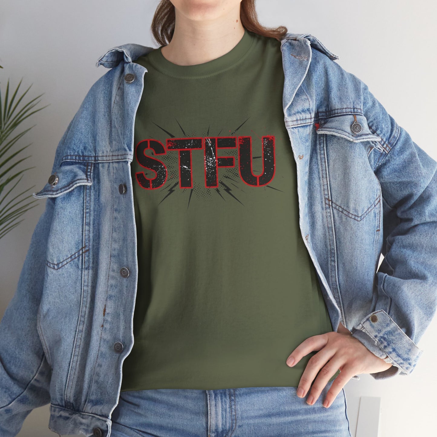 STFU Graphic Tee — Bold Distressed Text Shirt for Statement Style Printify