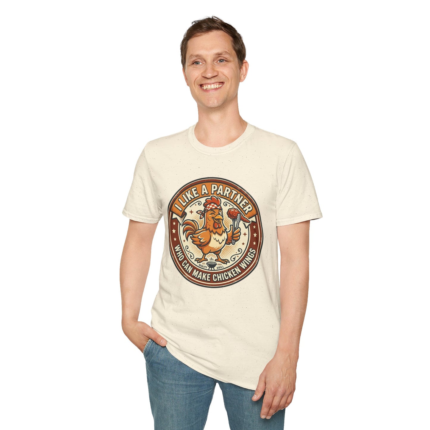 Funny Chicken Wings T-Shirt — "I Like A Partner Who Can Make Chicken Wings" Crew Tee