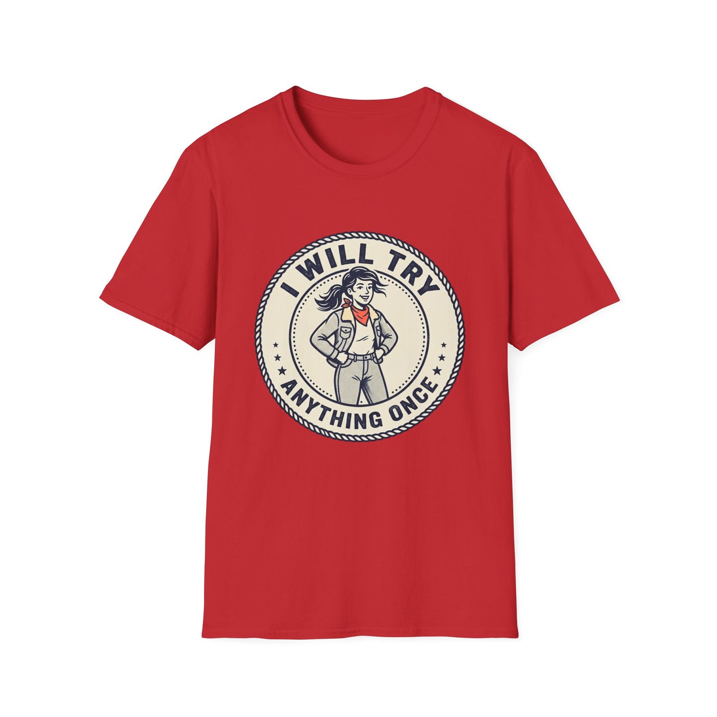 I Will Try Anything Once T-Shirt — Retro Adventurous Vintage Badge Tee