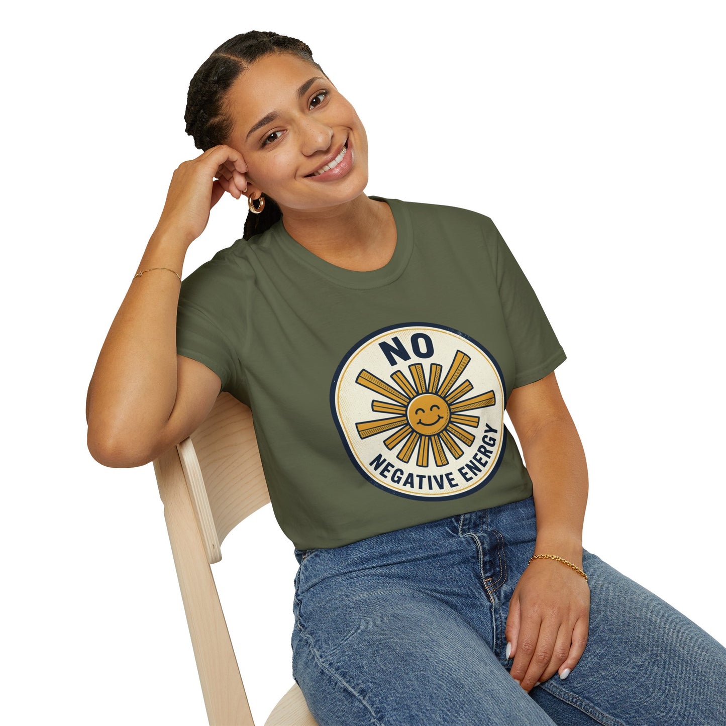 No Negative Energy T-Shirt — Retro Smiling Sun Positive Vibes Tee