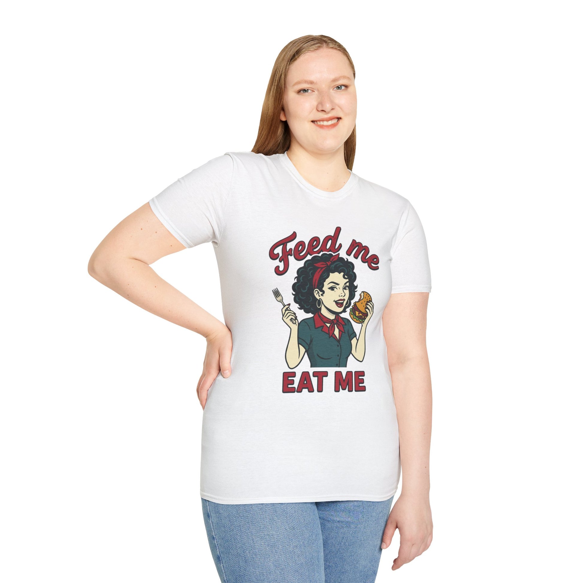 Feed Me Eat Me T-Shirt — Retro Pinup Burger Graphic Tee Printify