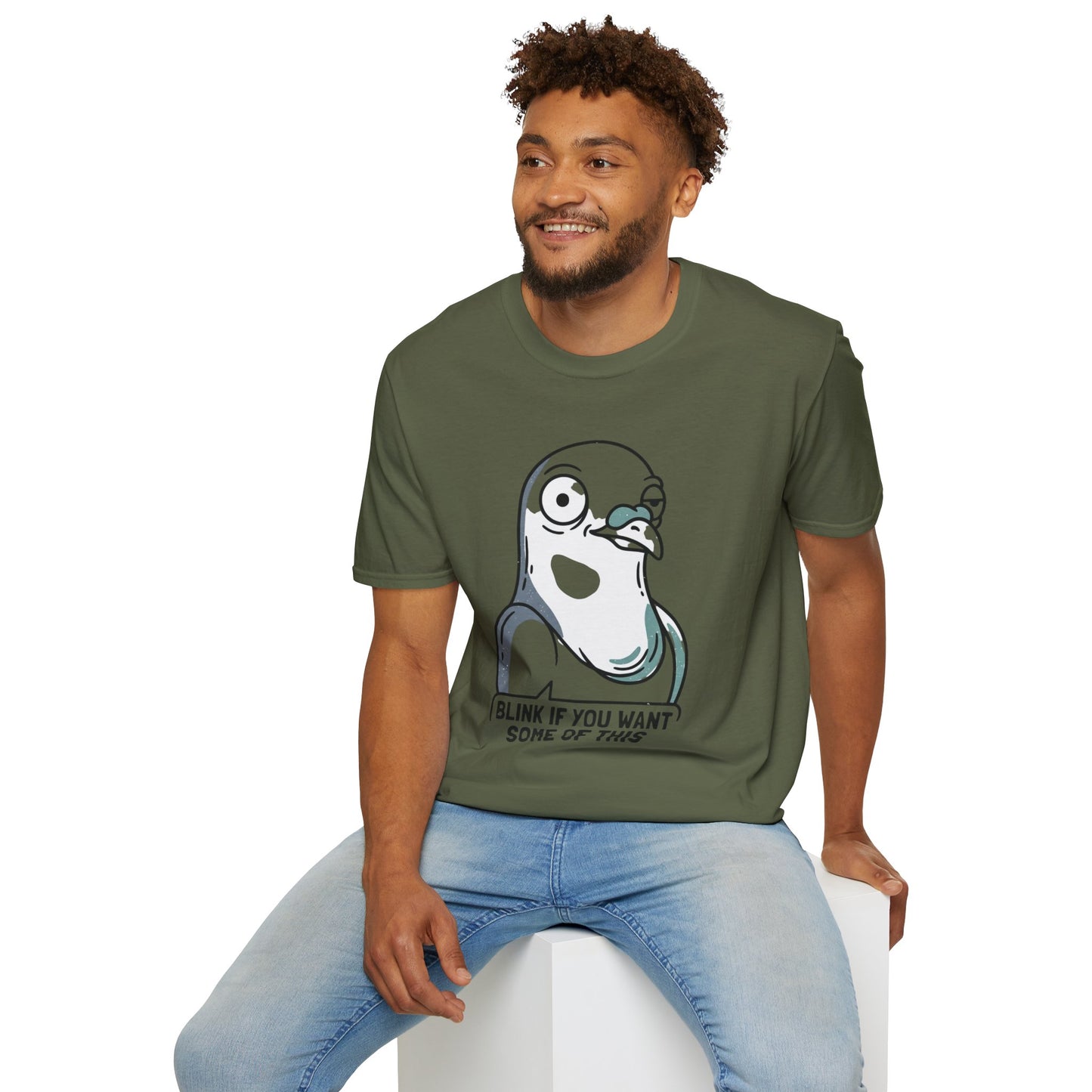 Pigeon Meme T‑Shirt — “Blink If You Want Some Of This” Funny Graphic Tee