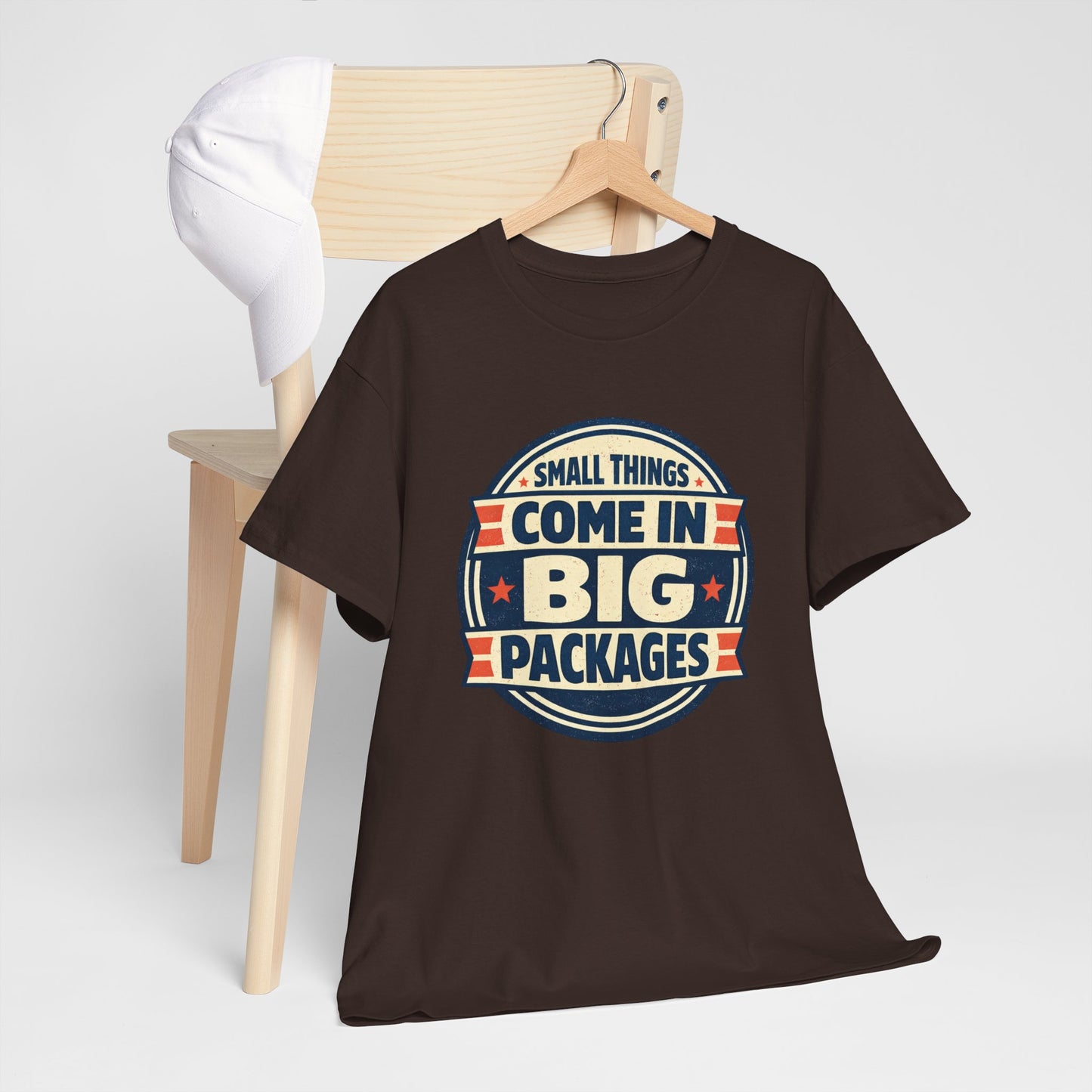 T-Shirt — "Small Things Come in Big Packages" Retro Badge Tee