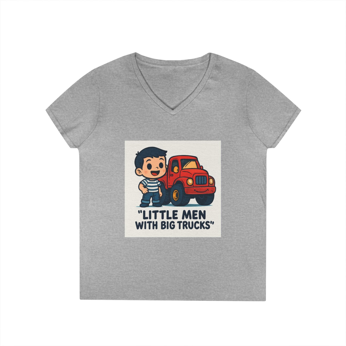 Ladies' V-Neck T-Shirt — "Little Men with Big Trucks" Cute Retro Truck Tee for Kids & Moms Printify