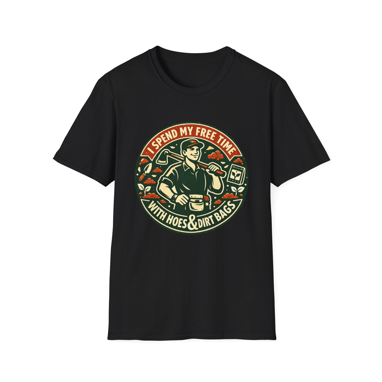 Gardener T-Shirt — “I Spend My Free Time With Hoes & Dirt Bags” Retro Gardening Tee