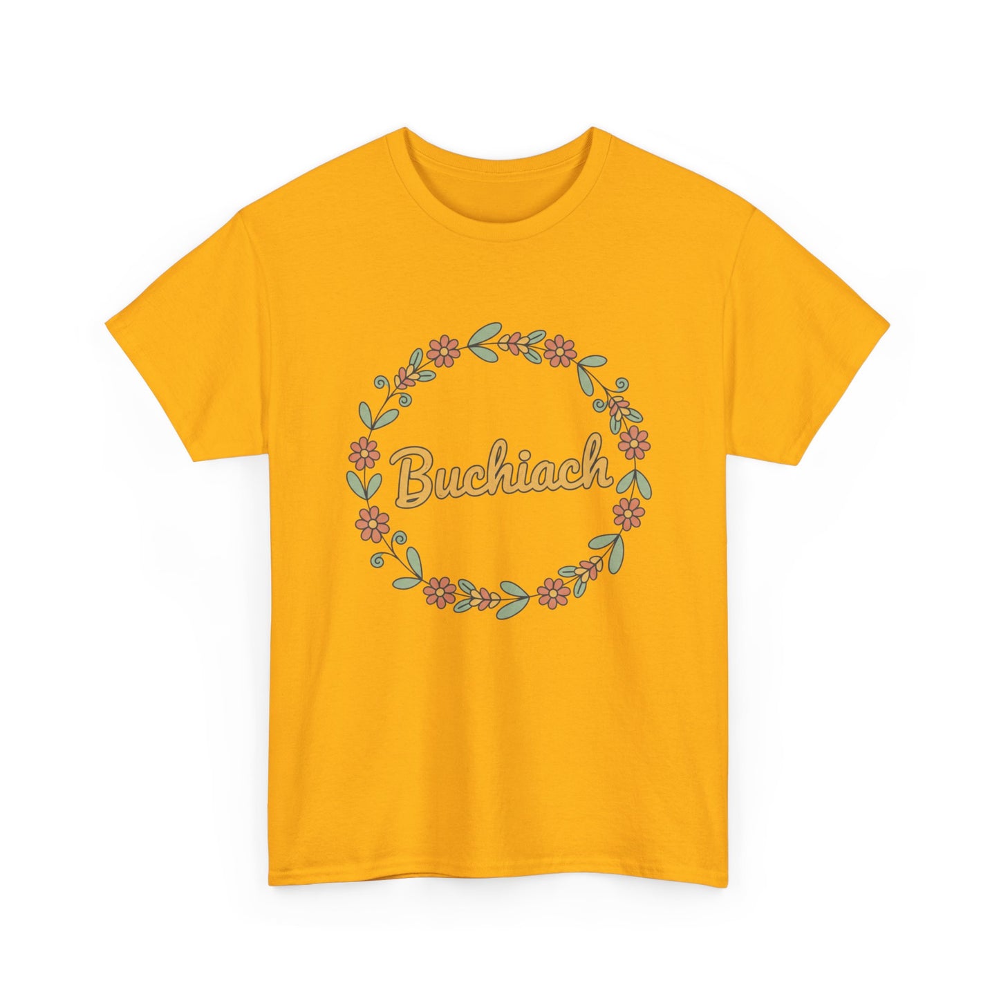 Buchiach Floral Wreath T-Shirt — Retro Script Garden Tee Printify