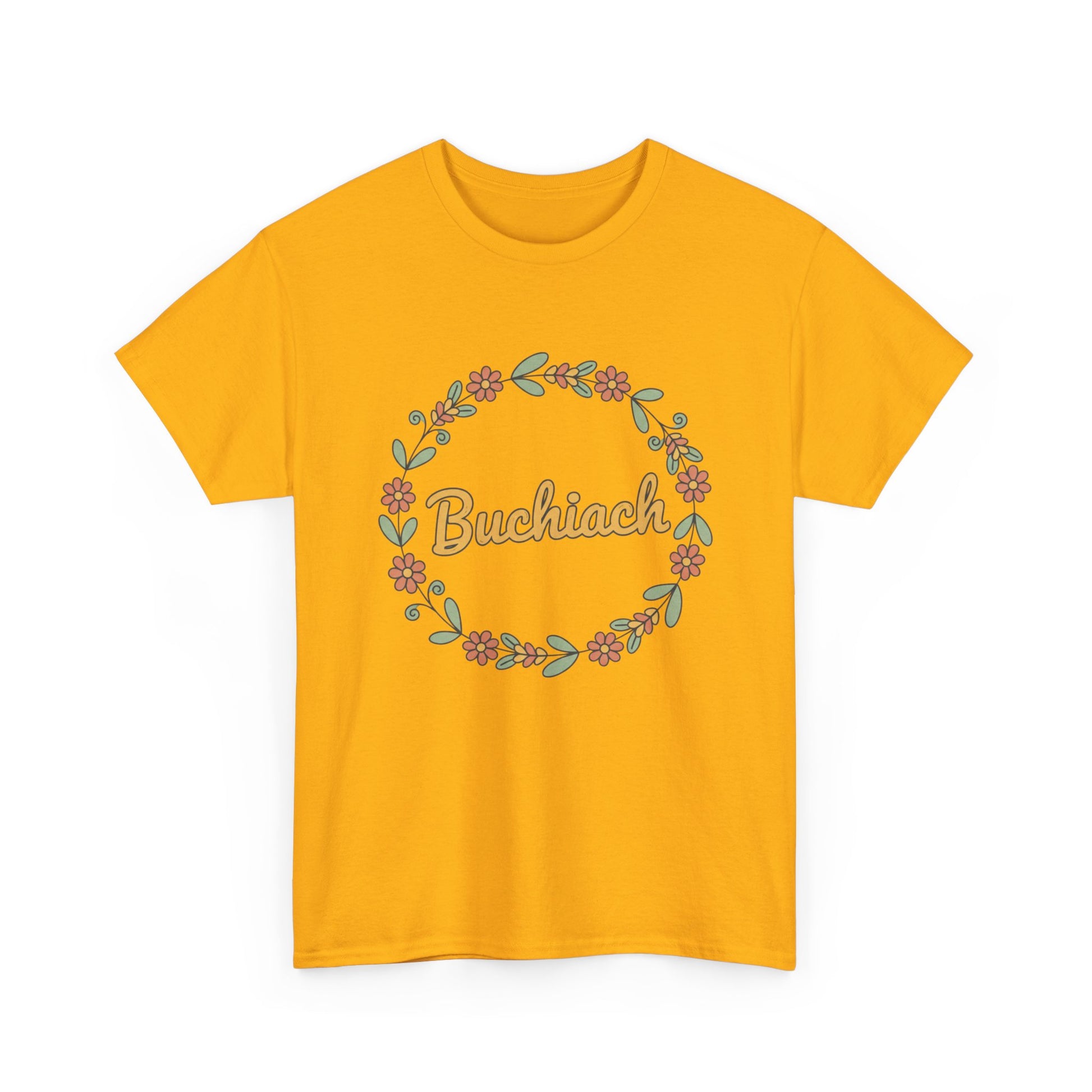 Buchiach Floral Wreath T-Shirt — Retro Script Garden Tee Printify