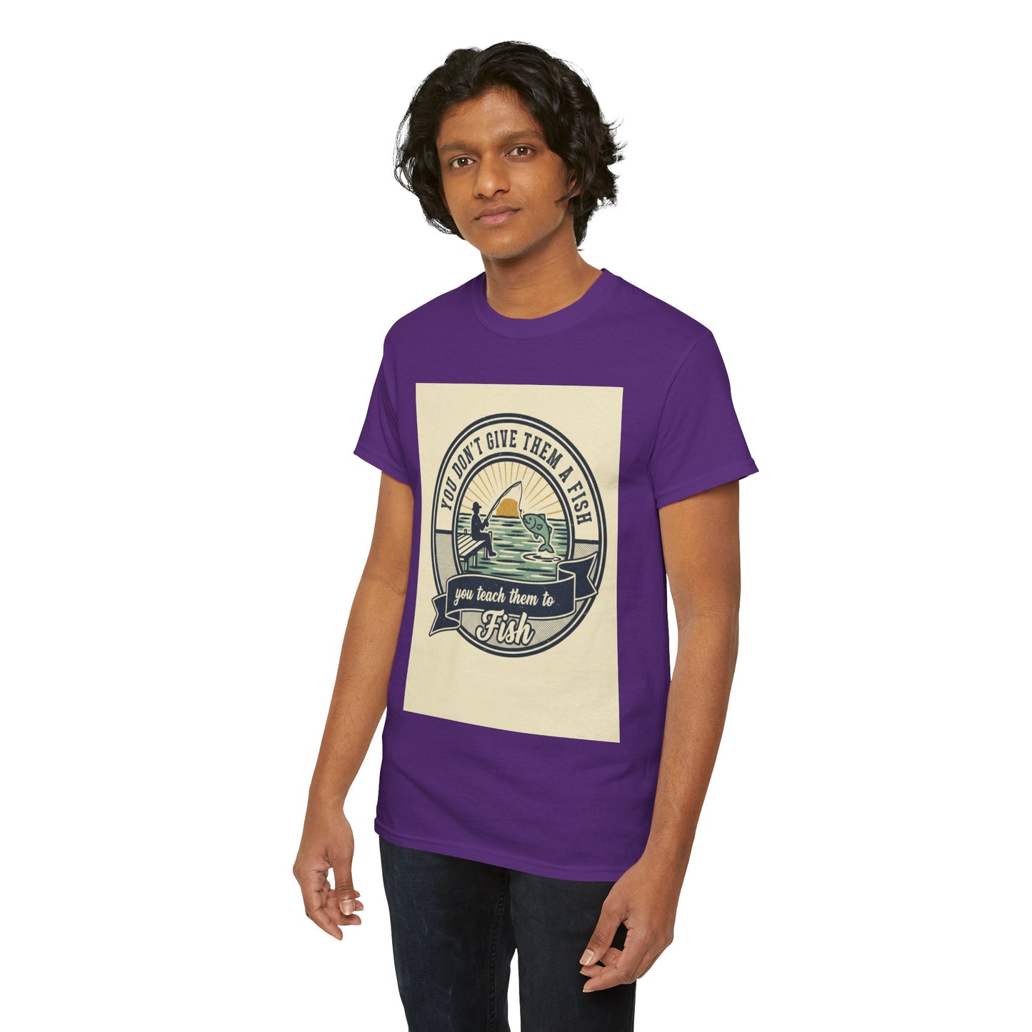 Fishing Vintage Badge T-Shirt — "You Don’t Give Them a Fish, You Teach Them to Fish" Graphic Tee