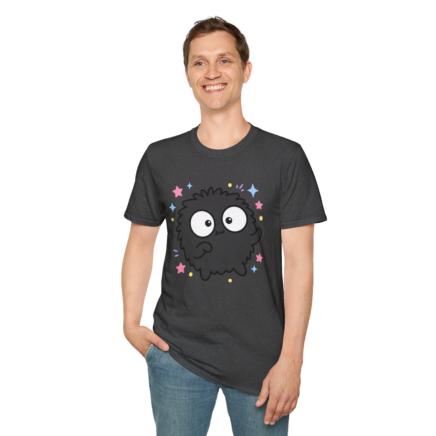 Cute Black Fuzzball T-Shirt — Kawaii Monster Tee with Stars