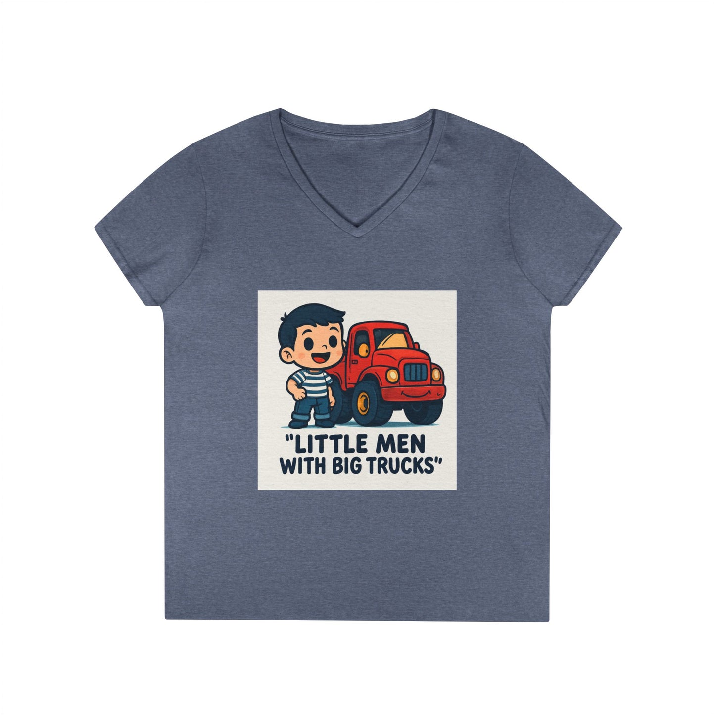 Ladies' V-Neck T-Shirt — "Little Men with Big Trucks" Cute Retro Truck Tee for Kids & Moms Printify