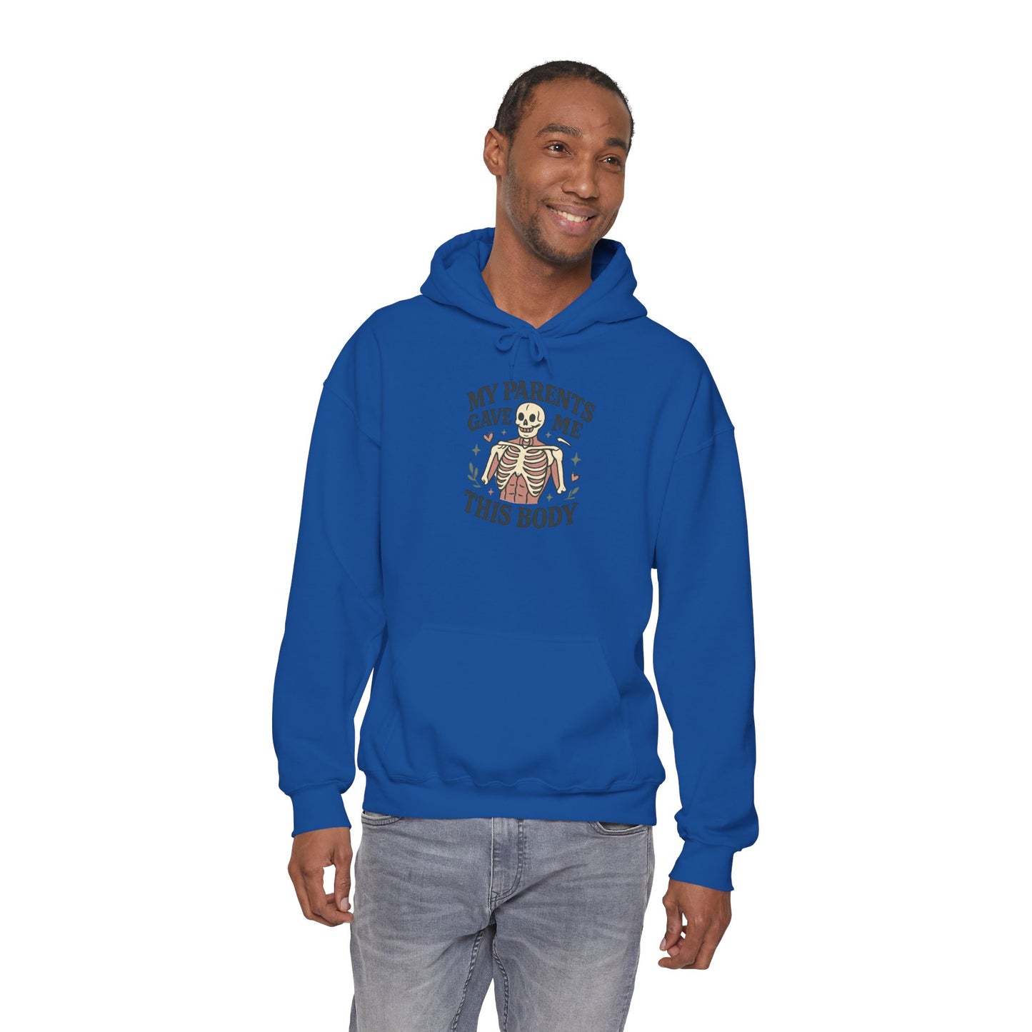 Skeleton Graphic Hoodie — "My Parents Gave Me This Body" Funny Halloween Pullover
