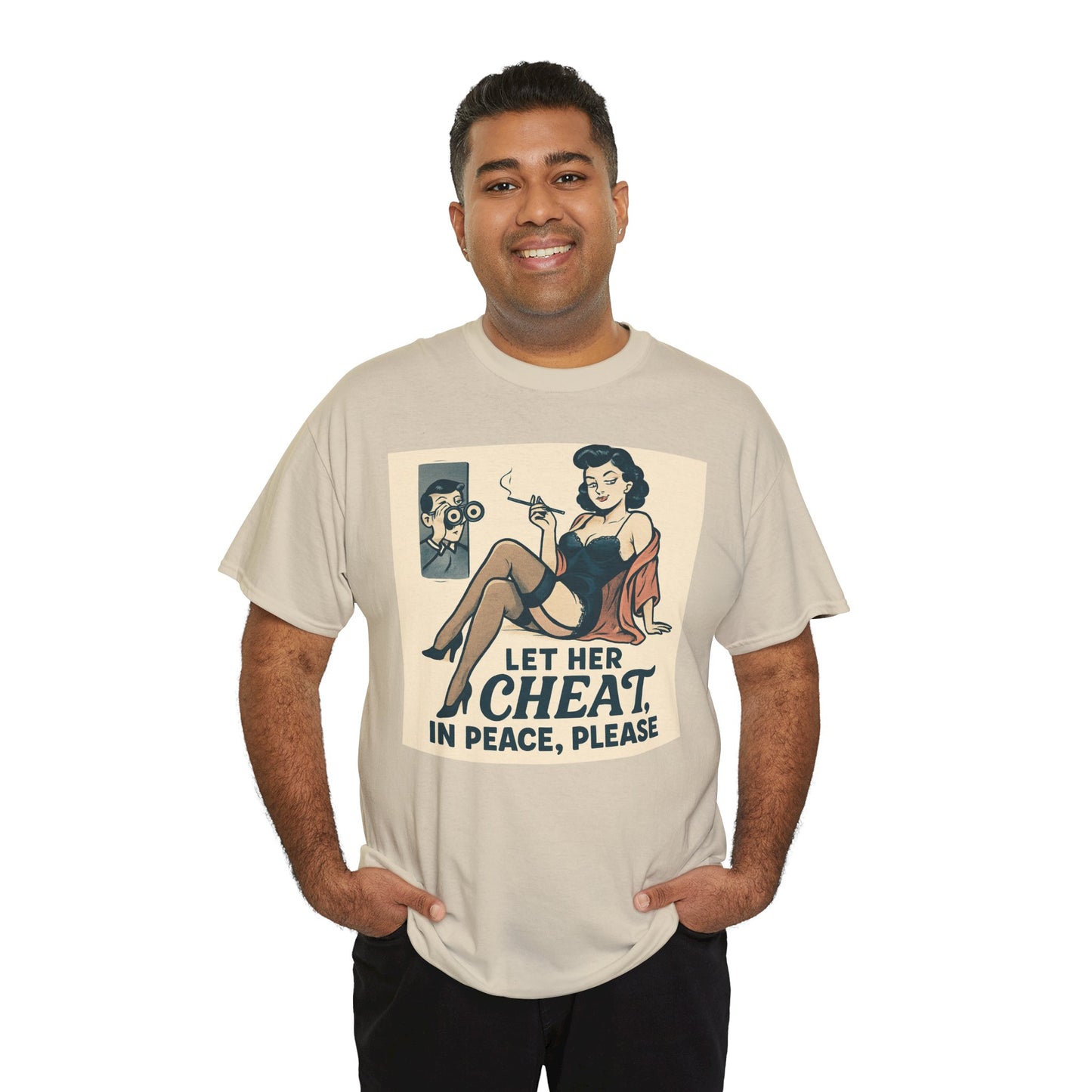 T-Shirt — Vintage Pinup “Let Her Cheat in Peace, Please” Graphic Tee