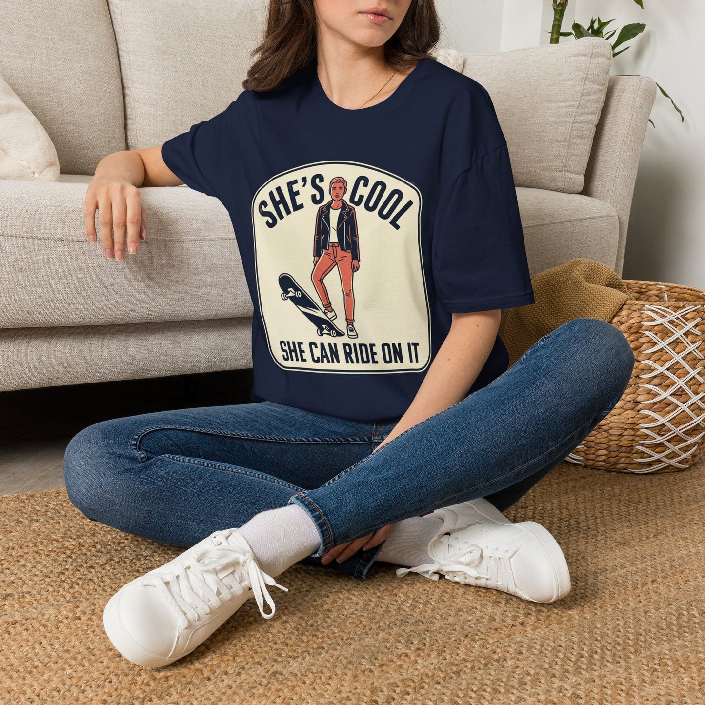 She's Cool Skateboarder T-Shirt — "She's Cool, She Can Ride On It" Retro Graphic Tee