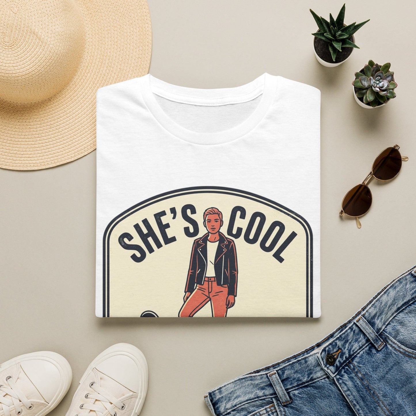 She's Cool Skateboarder T-Shirt — "She's Cool, She Can Ride On It" Retro Graphic Tee