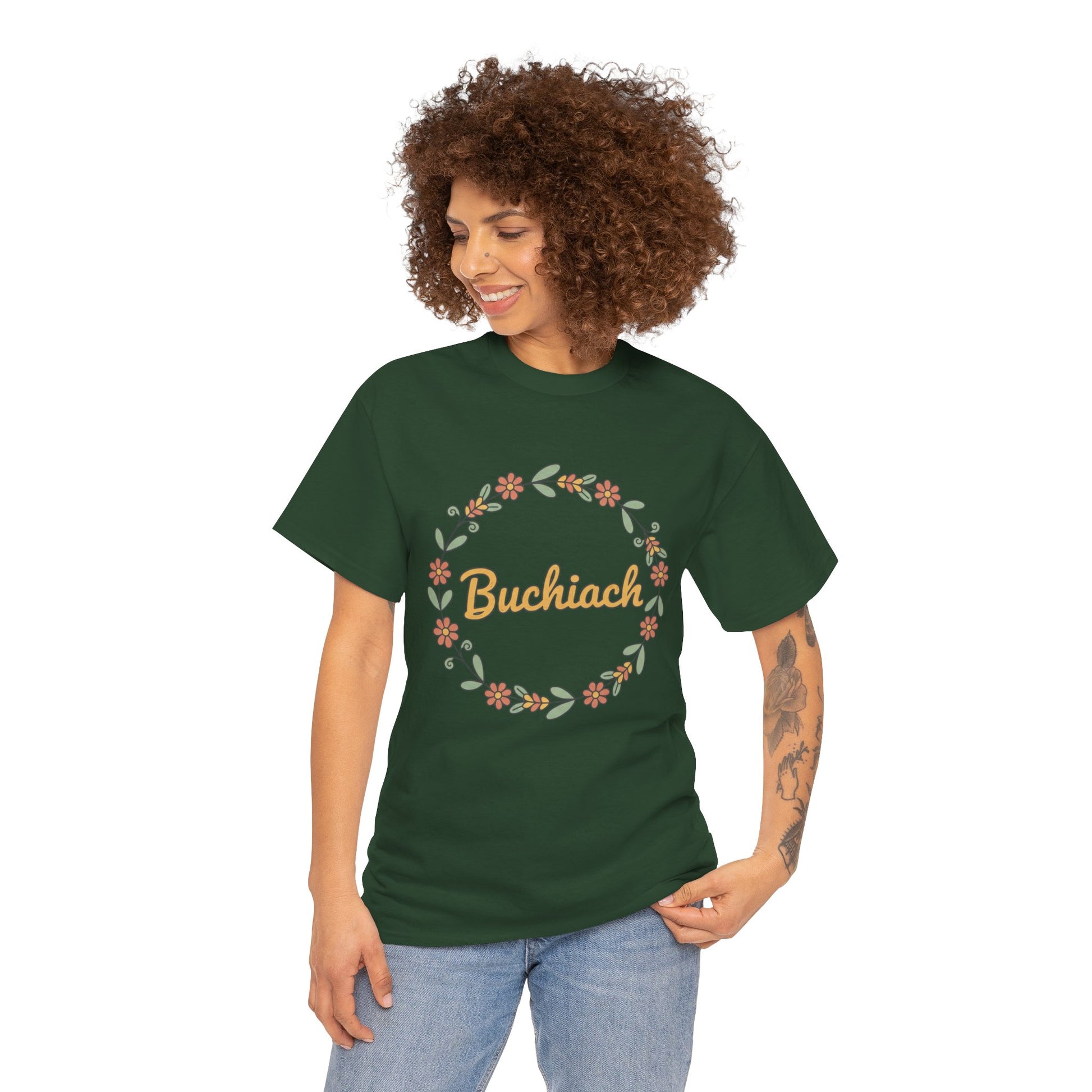 Buchiach Floral Wreath T-Shirt — Retro Script Garden Tee Printify
