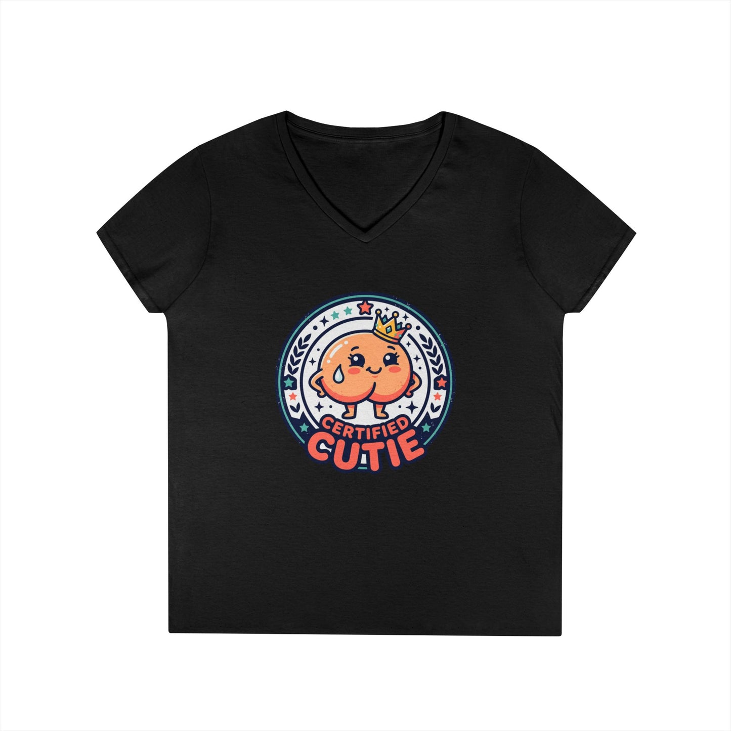 Certified Cutie V-Neck T-Shirt — Cute Cartoon Badge Graphic Tee for Women Printify