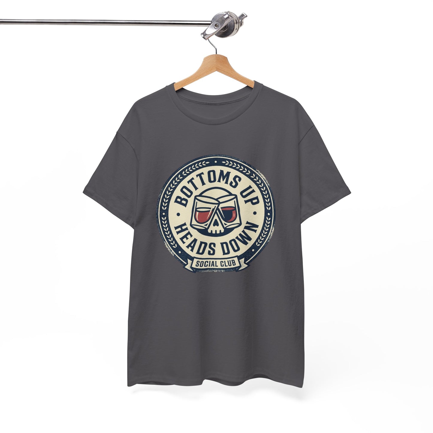 "Bottoms Up Heads Down" Skull Beer Logo Tee