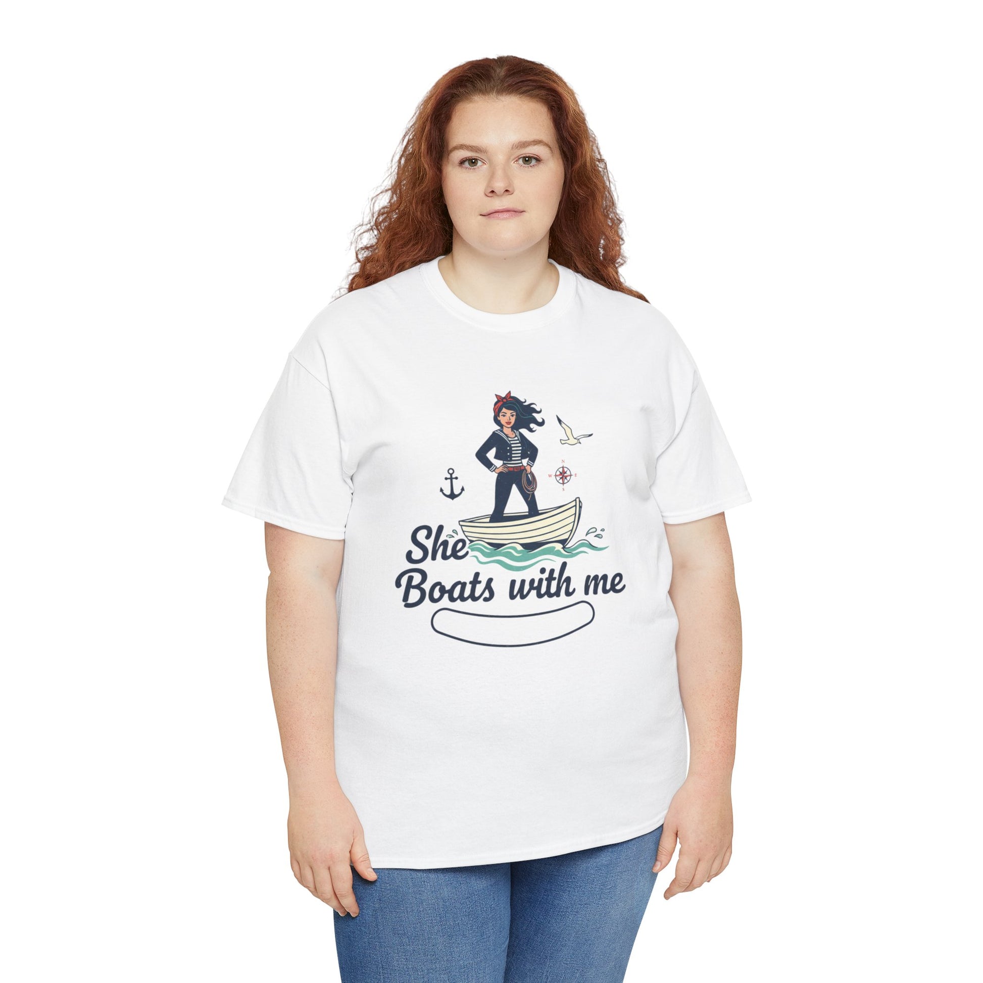 T-Shirt — "She Boats With Me" Nautical Couple Tee Printify
