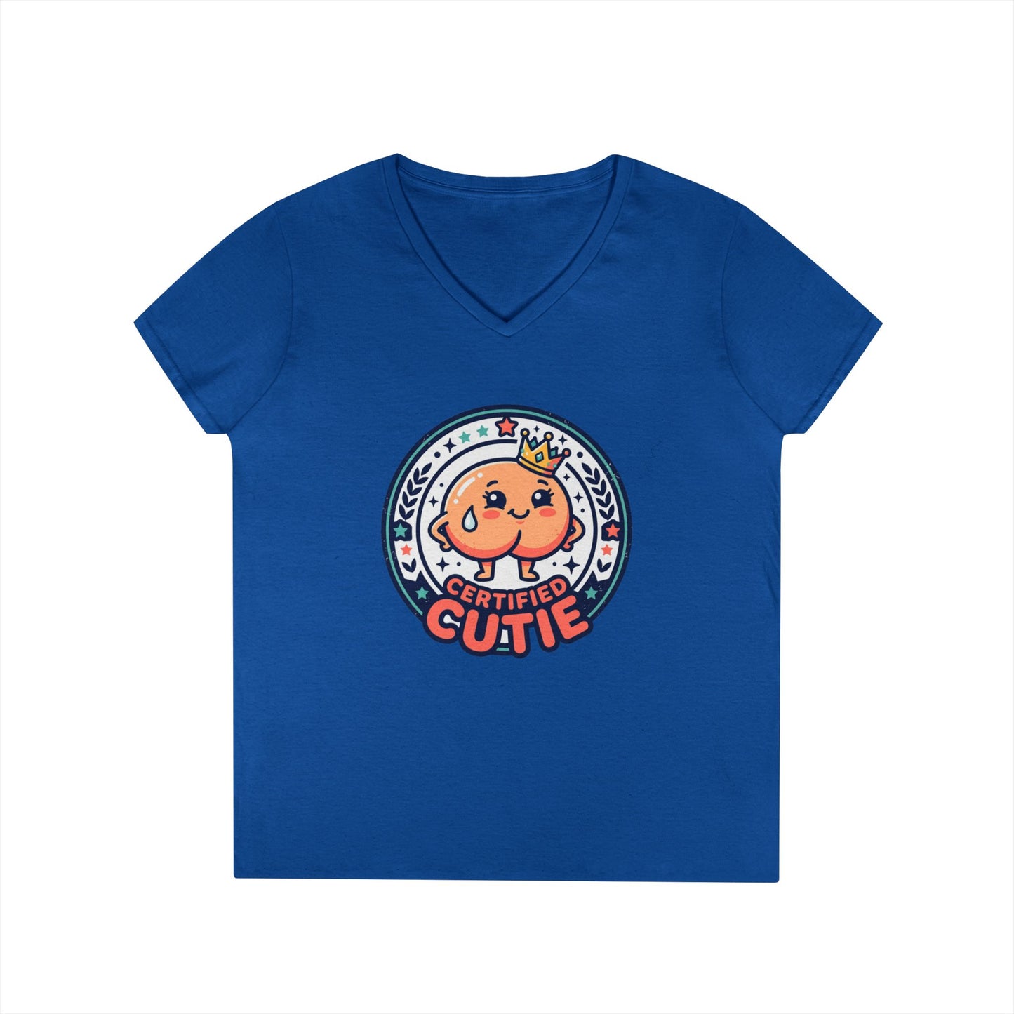 Certified Cutie V-Neck T-Shirt — Cute Cartoon Badge Graphic Tee for Women Printify