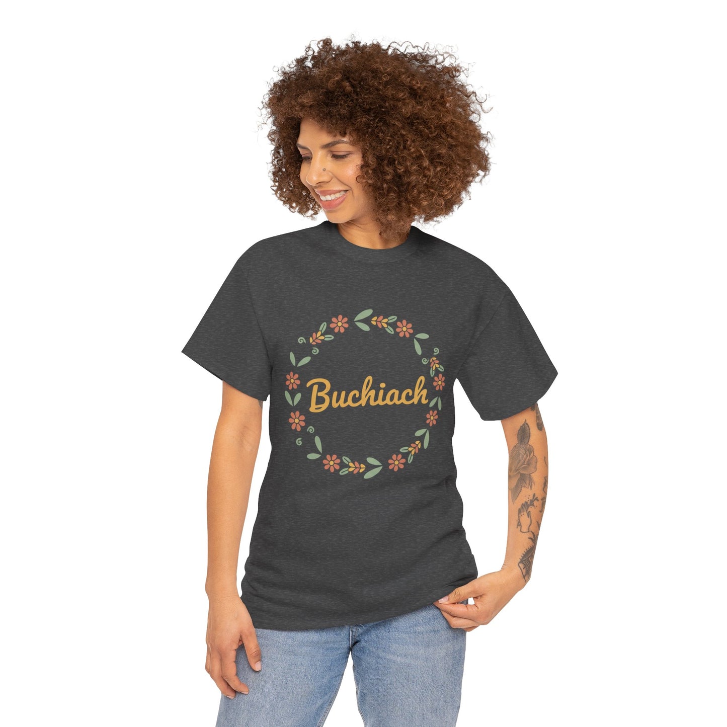 Buchiach Floral Wreath T-Shirt — Retro Script Garden Tee Printify