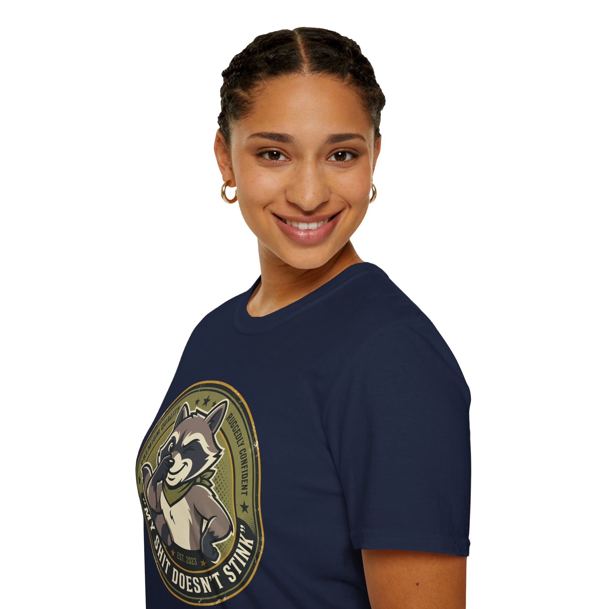 Raccoon Badge T-Shirt — "My Shit Doesn't Stink" Funny Graphic Tee Printify