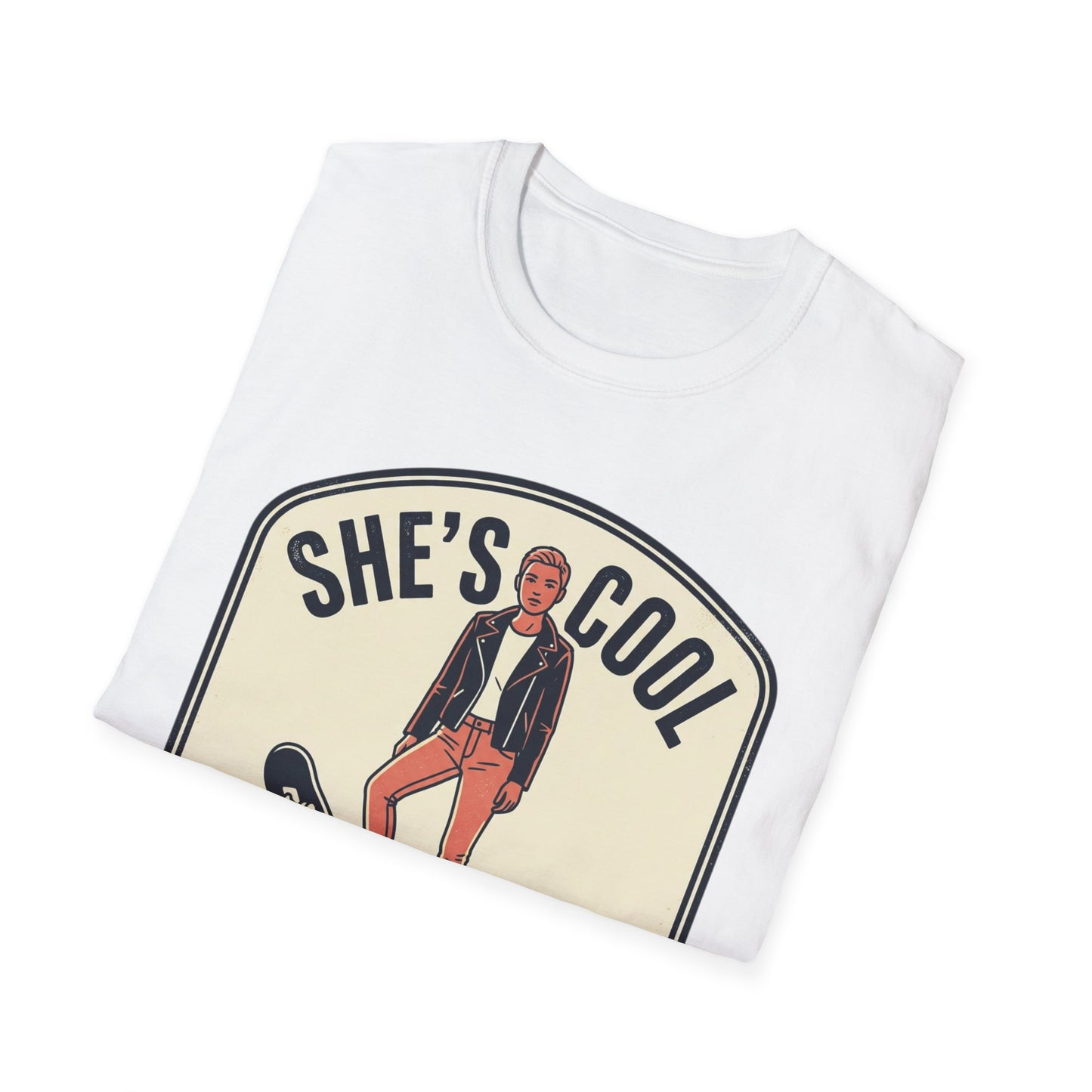 She's Cool Skateboarder T-Shirt — "She's Cool, She Can Ride On It" Retro Graphic Tee