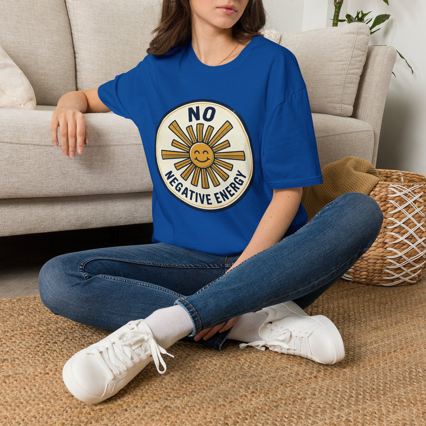 No Negative Energy T-Shirt — Retro Smiling Sun Positive Vibes Tee