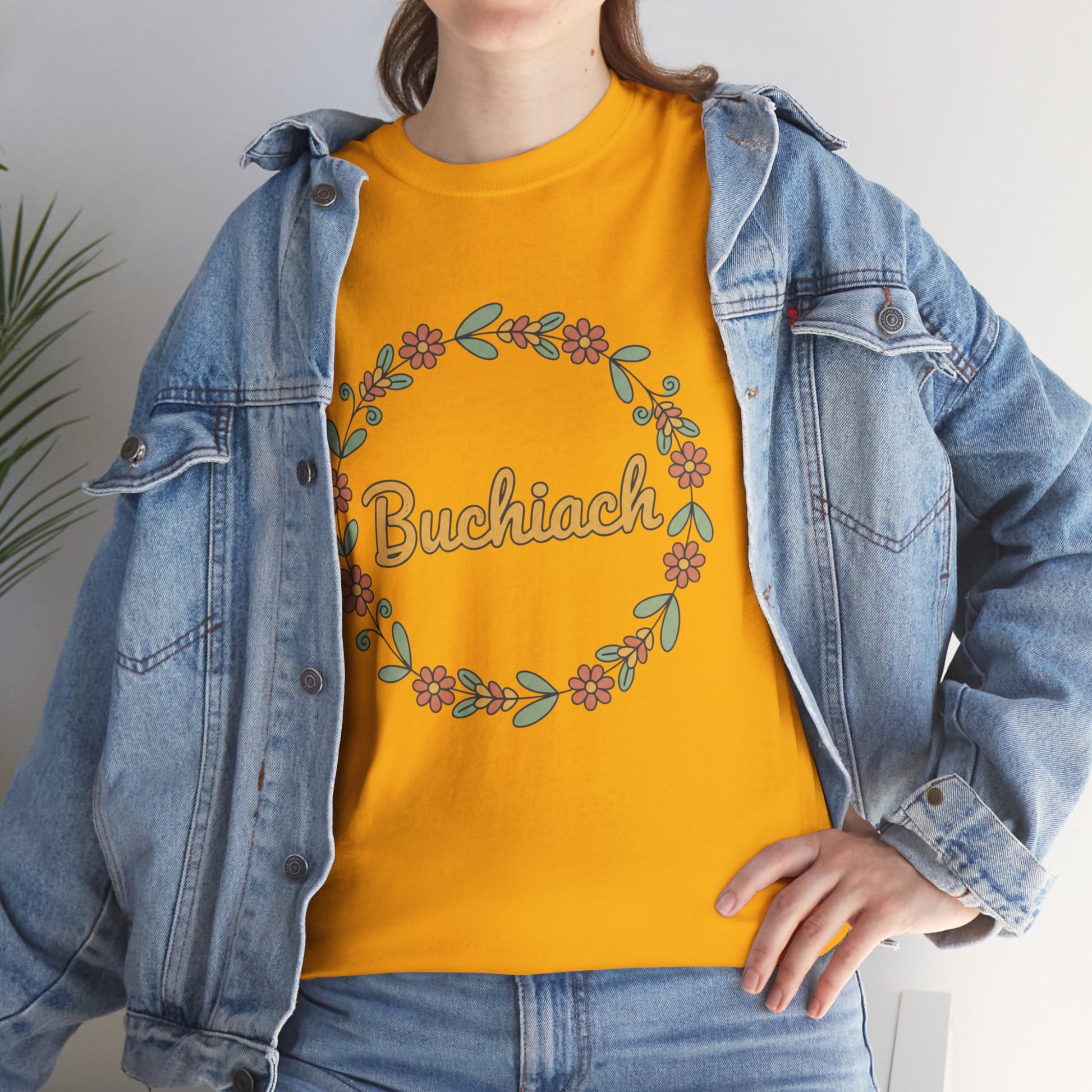 Buchiach Floral Wreath T-Shirt — Retro Script Garden Tee Printify