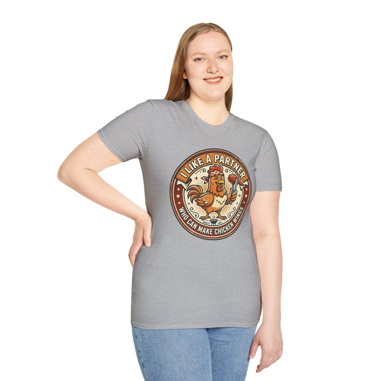 Funny Chicken Wings T-Shirt — "I Like A Partner Who Can Make Chicken Wings" Crew Tee