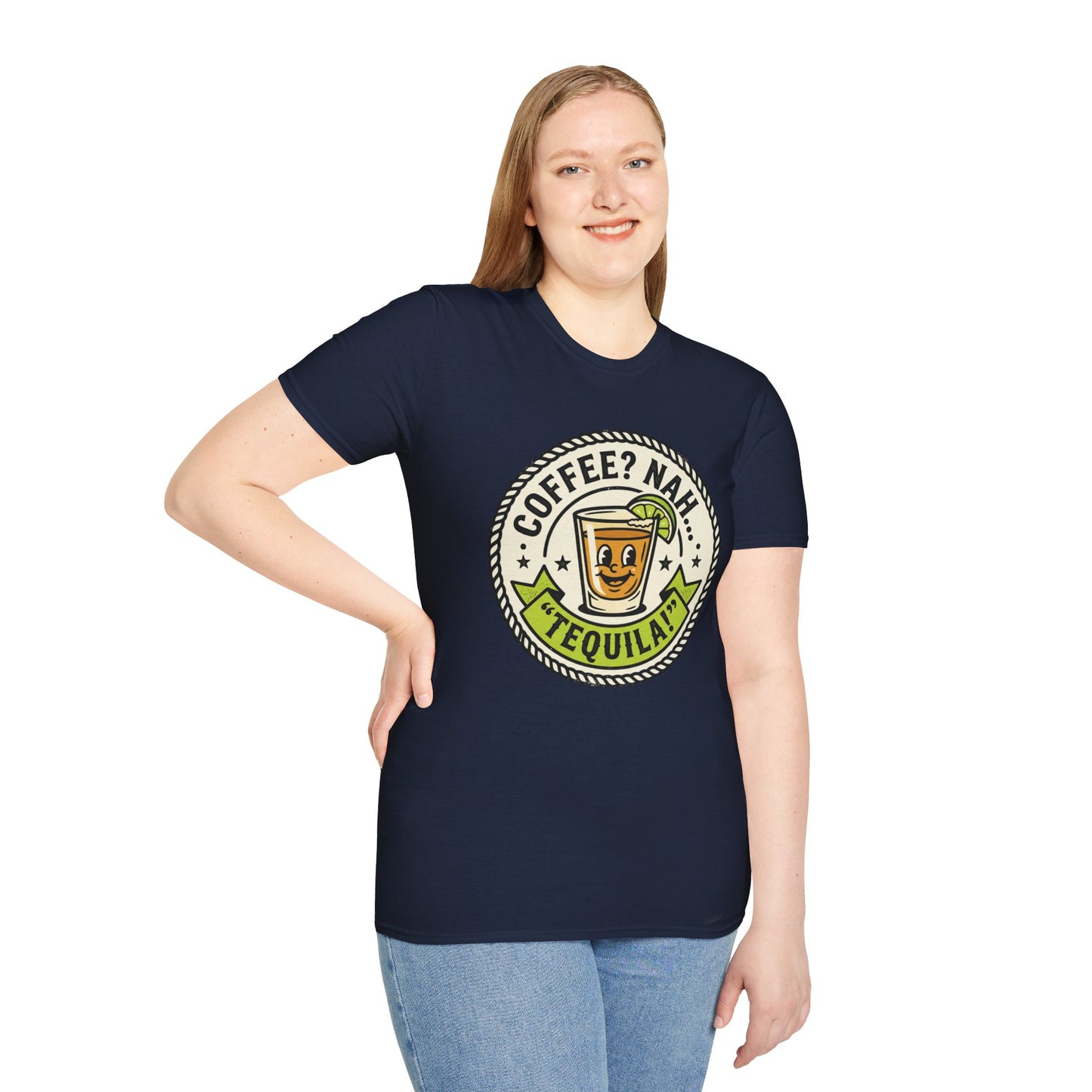 Coffee? Nah, Tequila! T-Shirt – Funny Shot Glass Graphic Tee for Party Lovers