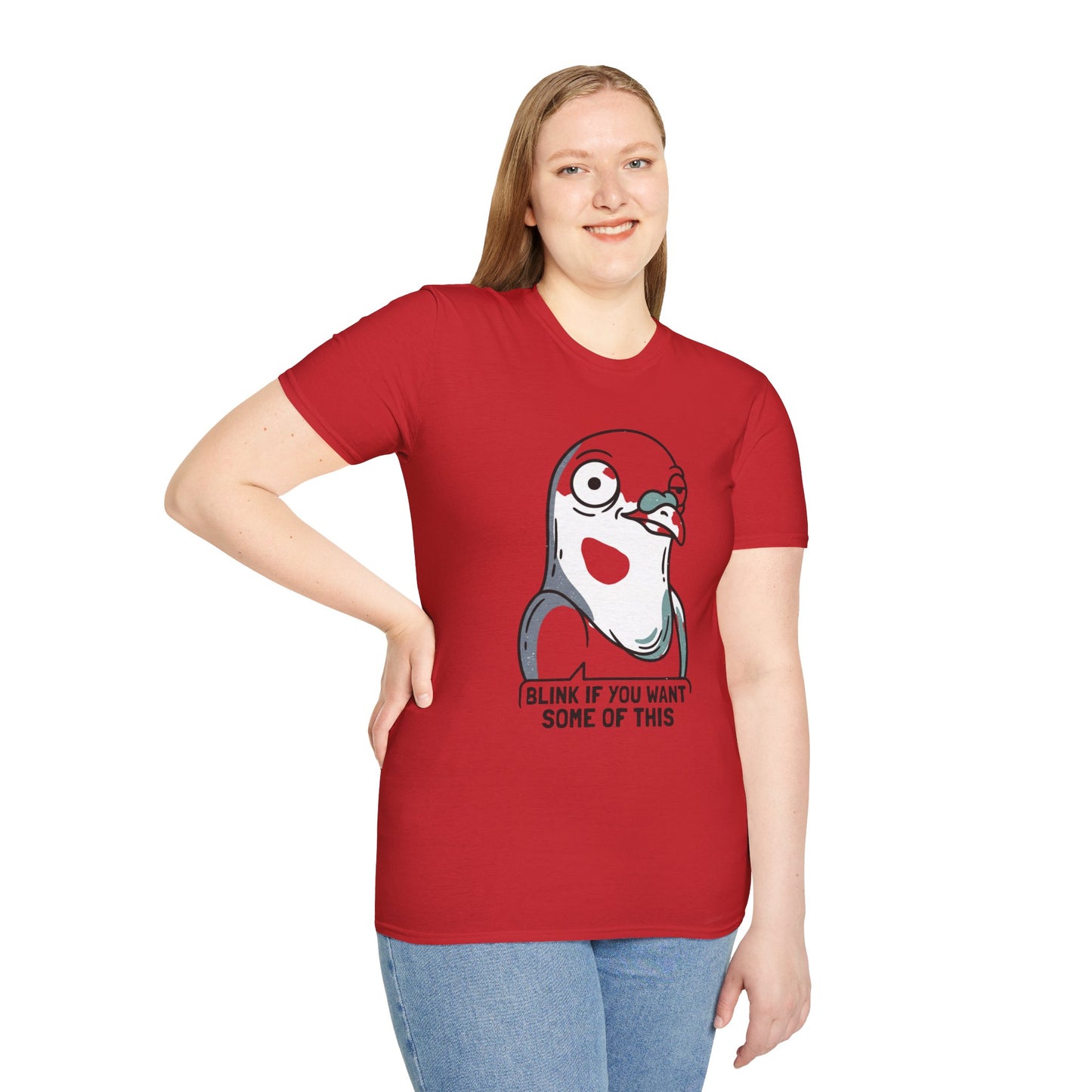 Pigeon Meme T‑Shirt — “Blink If You Want Some Of This” Funny Graphic Tee