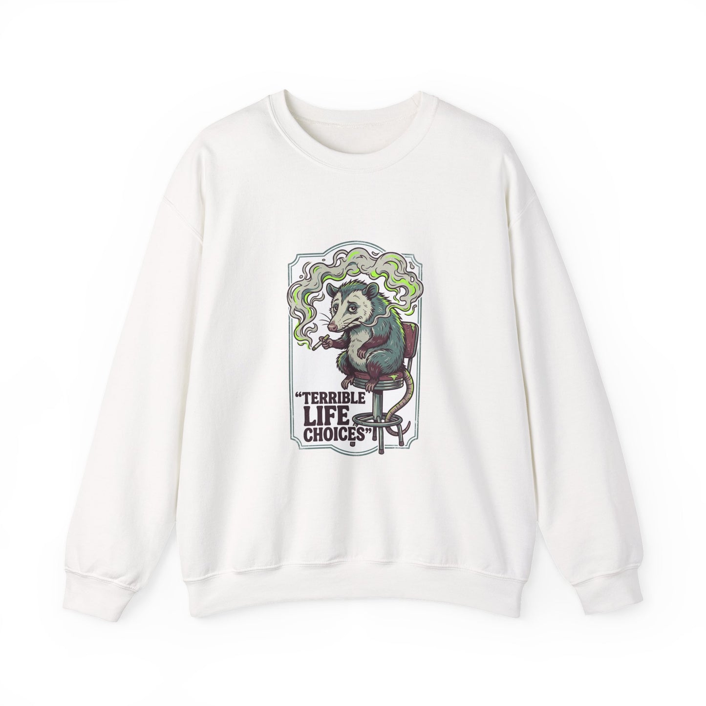 Terrible Life Choices opossum smoking sweatshirt | absurdist animal, ironic alt meme