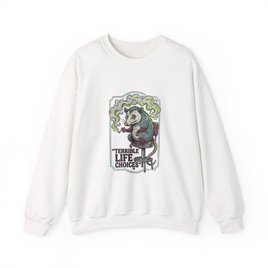 Terrible Life Choices opossum smoking sweatshirt | absurdist animal, ironic alt meme