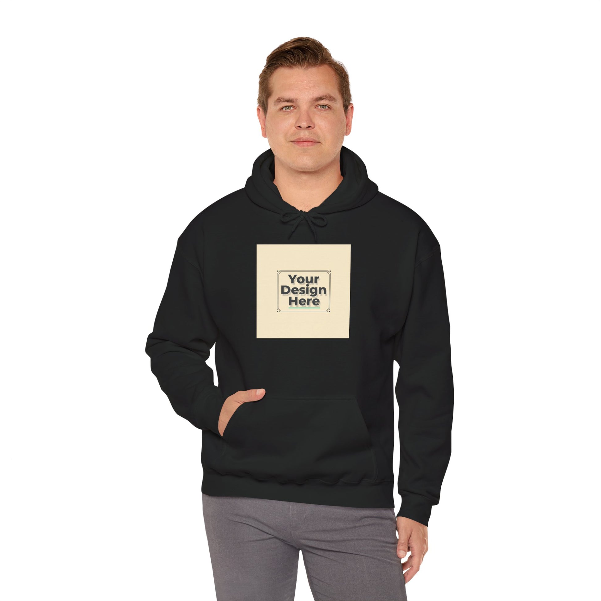 Custom Classic White Hoodie with Centered Square Design Mockup Printify
